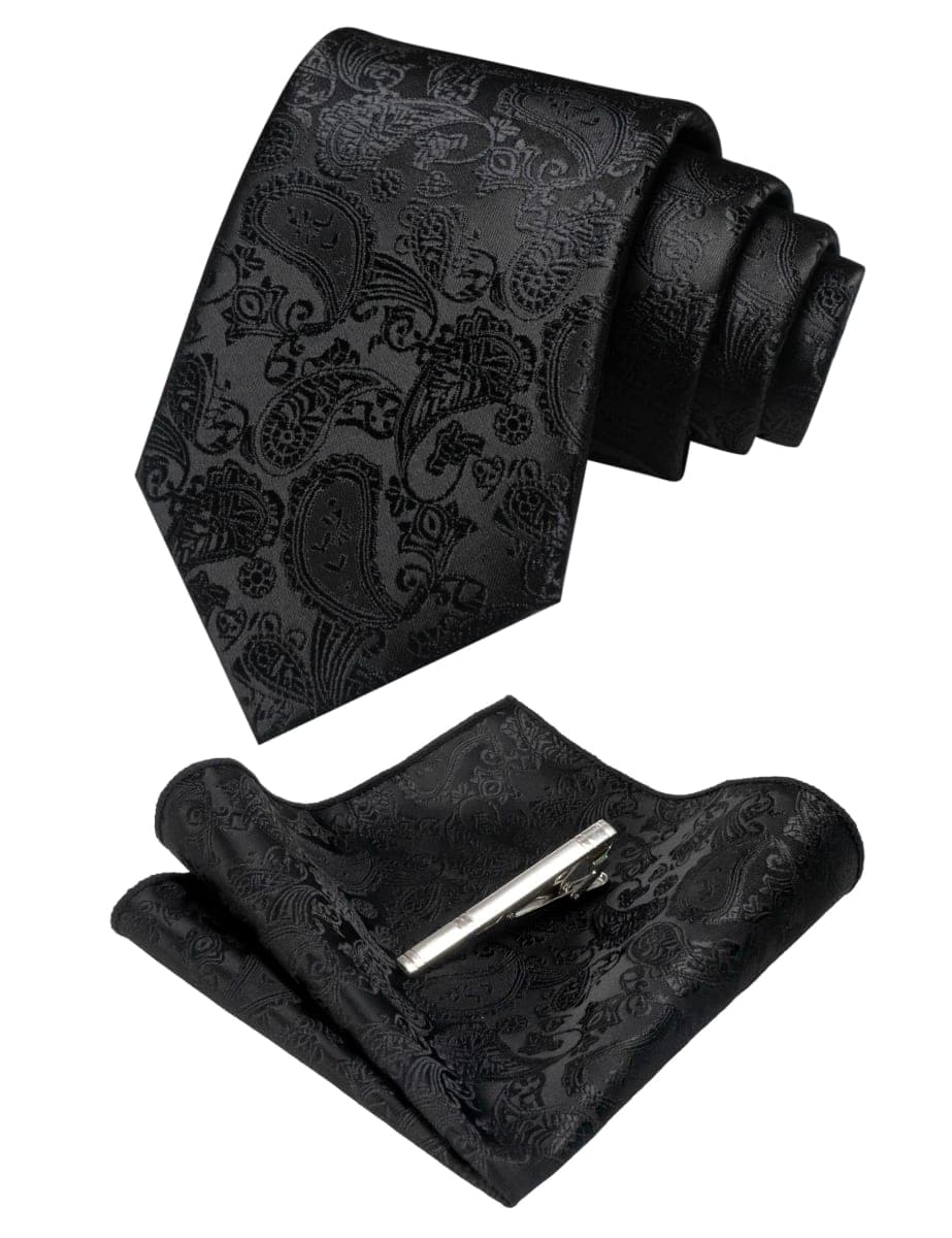 JEMYGINS Mens Solid Color Paisley Necktie and Pocket Square with Tie Clip Sets, Black, general