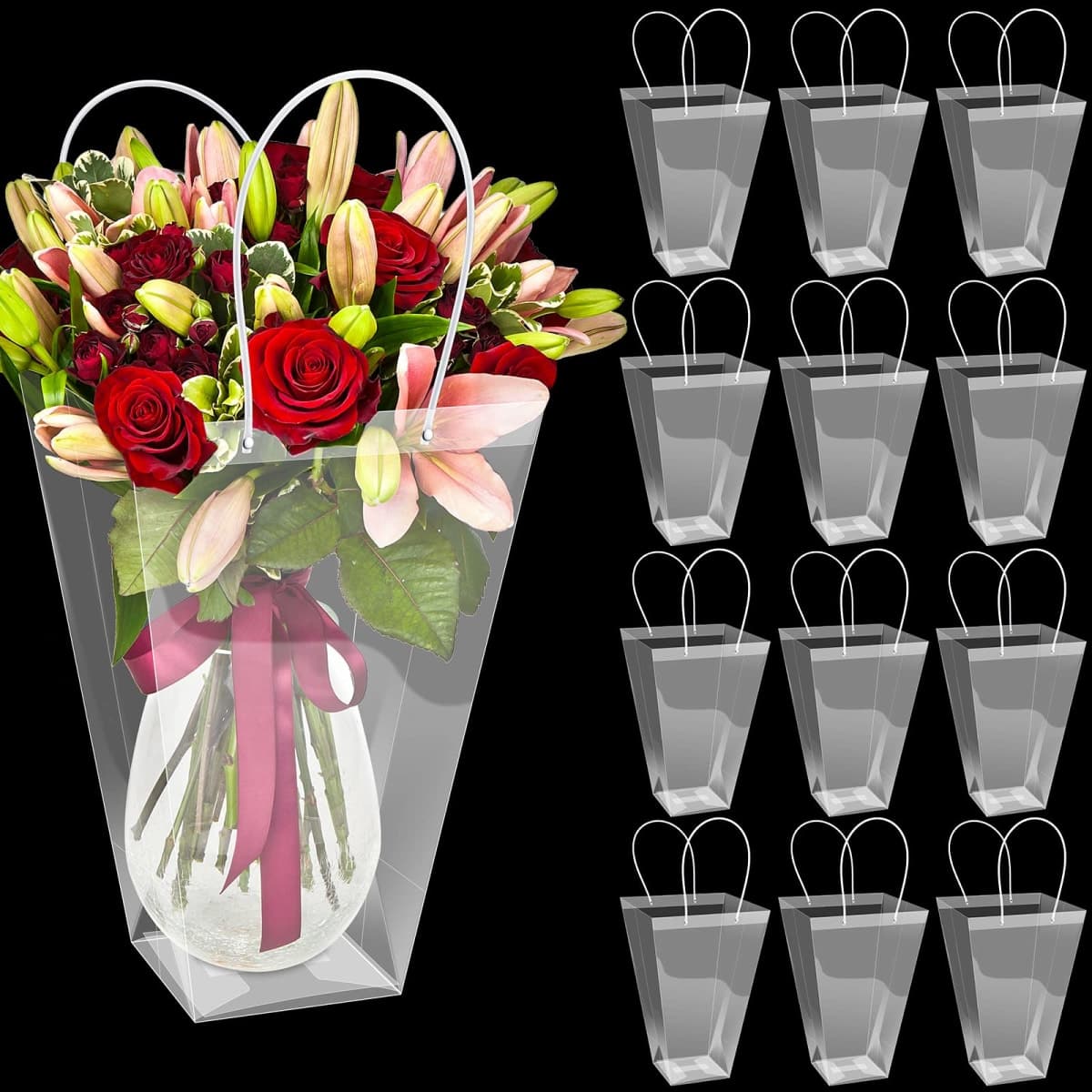 Yexiya 12 Pcs Floral Bags Large Clear Flower Bouquet Bag Bulk with Handle Transparent Florist Wedding Gift Packaging Plastic Gift Birthday Valentine's Mother's Day, 11.4 x 5.9 x 16.7 in (Clear Edge)