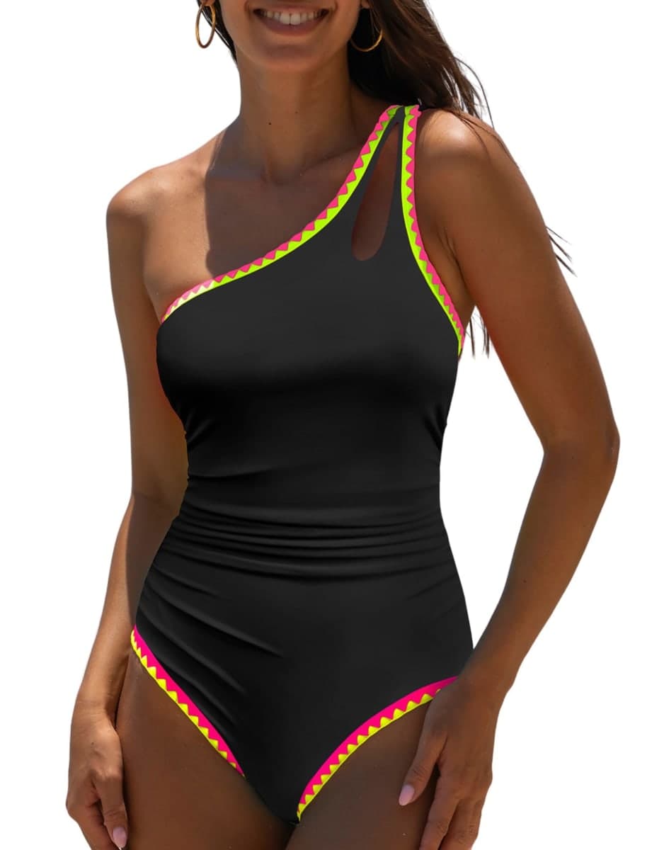 popvil Women's Sexy One Shoulder One Piece Bathing Suits Neon Color Block Swimsuits Slimming Mesh Swimwear, Black, Large