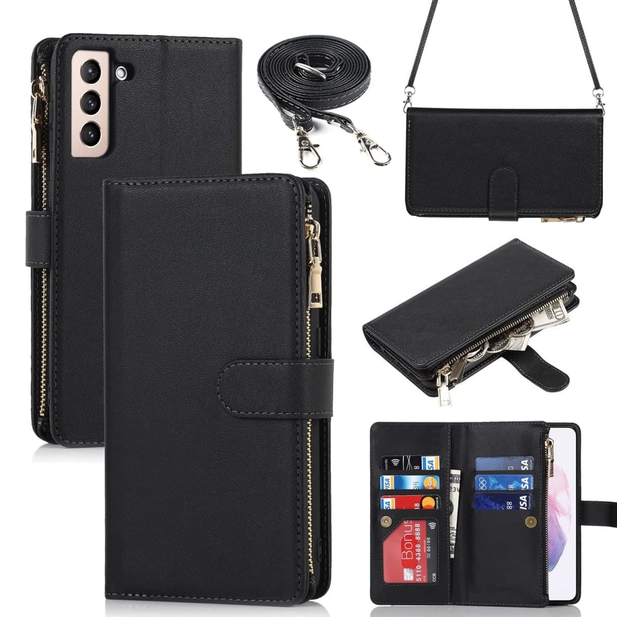 iCoverCase for Samsung Galaxy S21 Wallet Case with Card Holder, Kickstand Feature PU Leather Case with Adjustable Crossbody Lanyard Magnetic Clasp Zipper Pocket Flip Cover (Black)