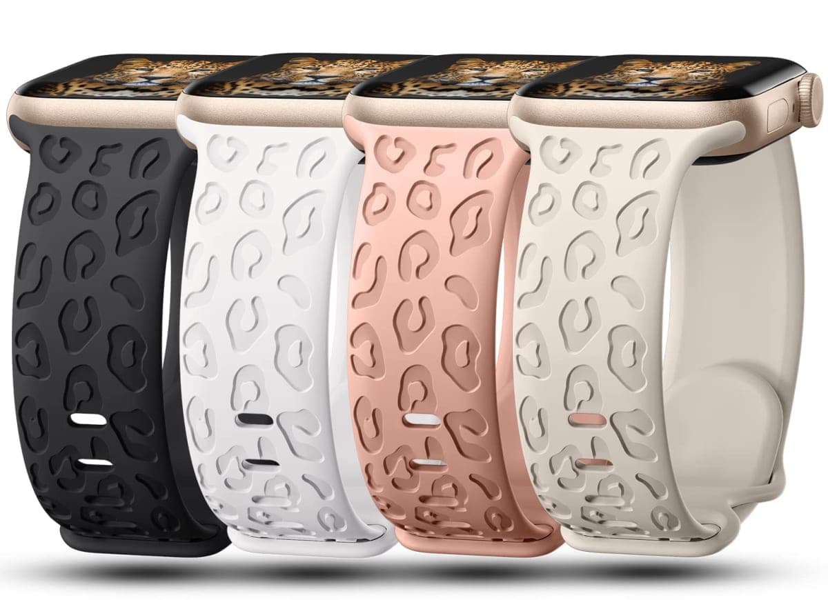 4Pack Leopard Engraved Bands Compatible with Apple Watch Band for women 40mm 41mm 38mm, Soft Silicone Cheetah Sport Strap for iWatch Series 10 9 8 7 6 5 4 3 2 1 SE Ultra/Ultra 2-4PCS-A