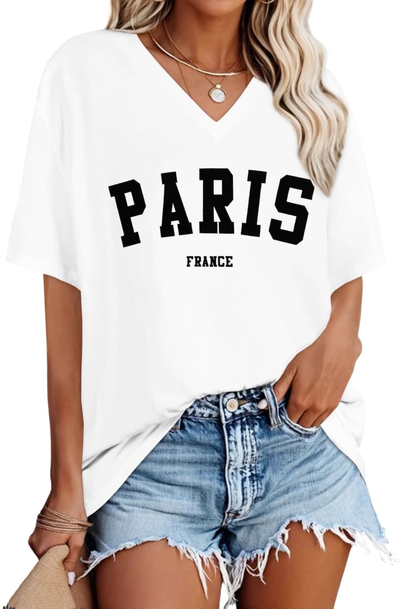 Oversized Tshirts for Women V Neck Short Sleeve Summer Casual Basic Loose Tops, Aa-white Black Letters, 3X-Large