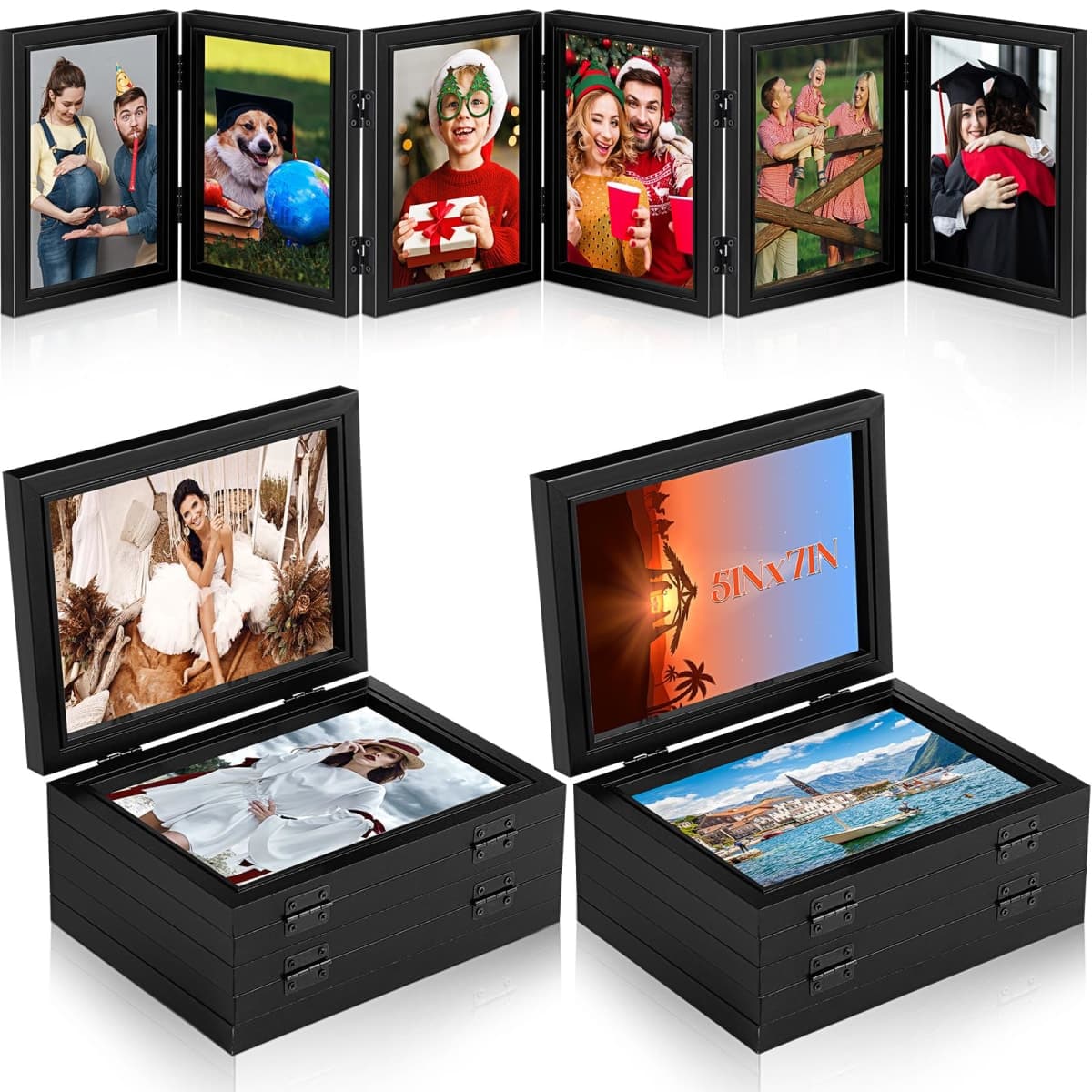 Sintuff 2 Pack 6 Folding Picture Frame Foldable Hinged Photo Frame Collage Natural Wood Photo Frame with High Definition Acrylic Rustic Desktop, Family Graduation Birthday Mother's Day (Black,5x7 in)