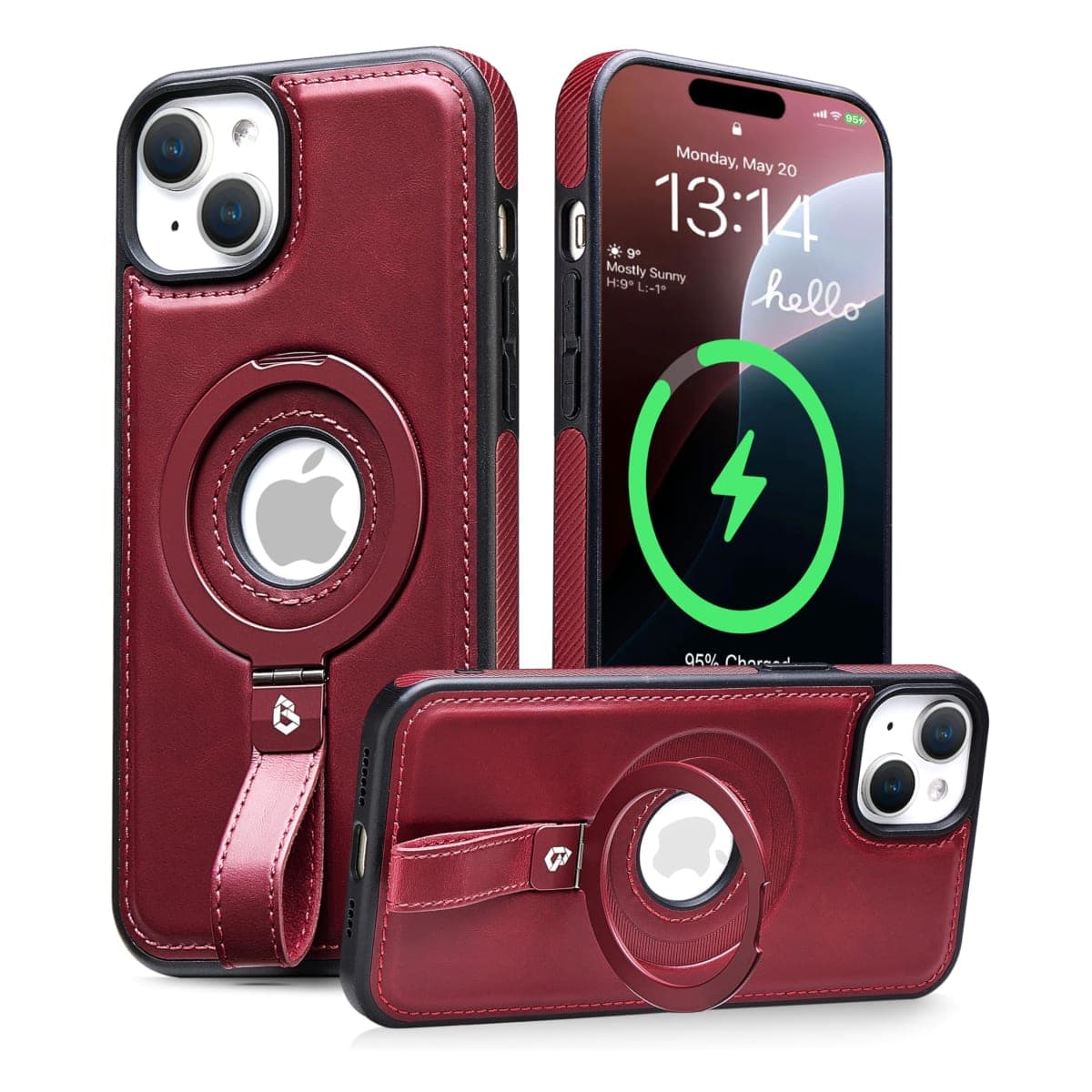 Butaiga for iPhone 15 Plus/iPhone 14 Plus Leather Case with Stand, Anti-Slip Grip Ring, Fits for MagSafe (Burgundy, iPhone15/14 Plus)