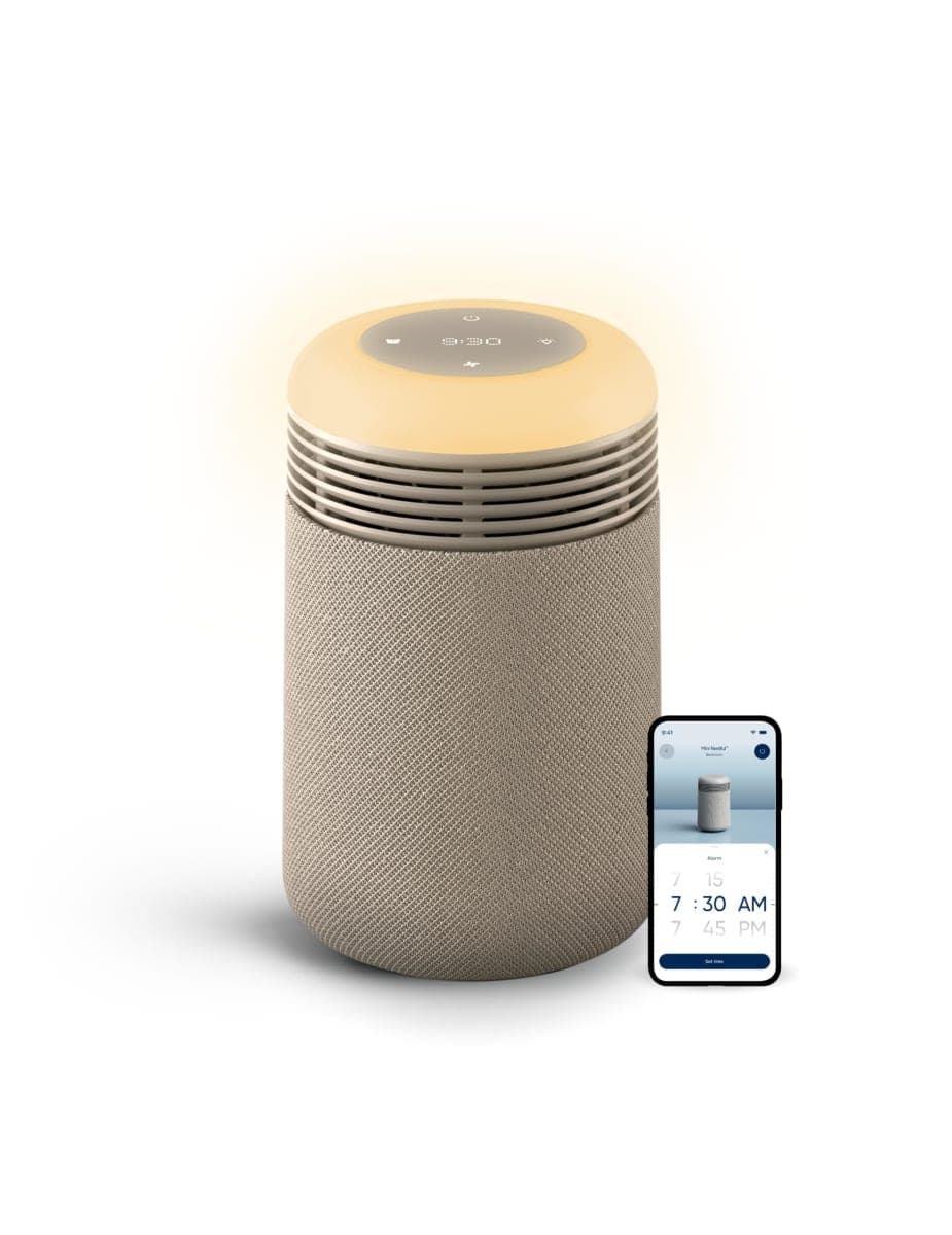 BLUEAIR Purifier for Bedroom - Mini Restful - Sunrise Clock with HEPASilent Filtration and Wake Up Light - Cleans Air and Supports Circadian Rhythm - USB-C and App Connectivity, Beige