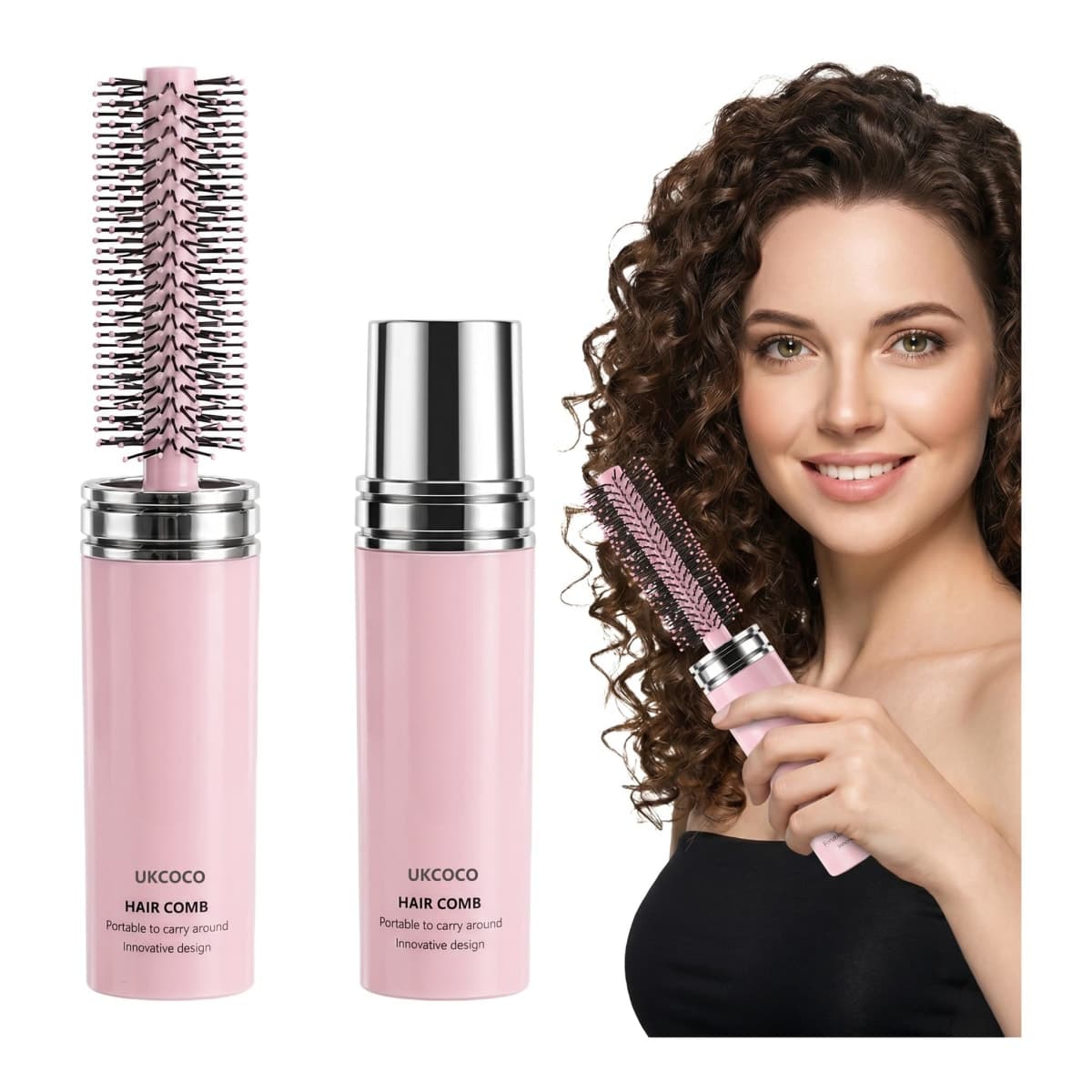 UKCOCO Retractable Travel Round Hair Brush, Compact Mini HairBrush for Blowout & Styling, Portable Detangling Round Brush for Bangs, Curling, Straightening, Thick and Thin Hair, Pink