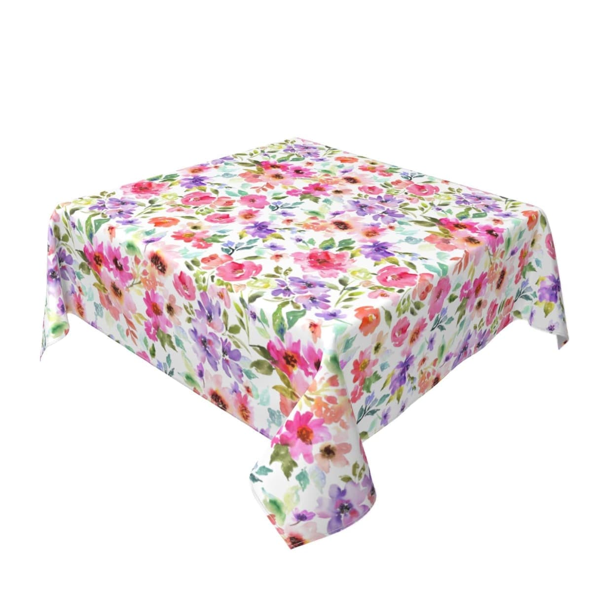 Spring Floral Square Tablecloth 52x52 Inch Green Pink Purple Watercolor Flower Decorative Summer Table Cloth Washable Fabric Farmhouse Seasonal Tablecloths for Home Kitchen Party Dinner Decor