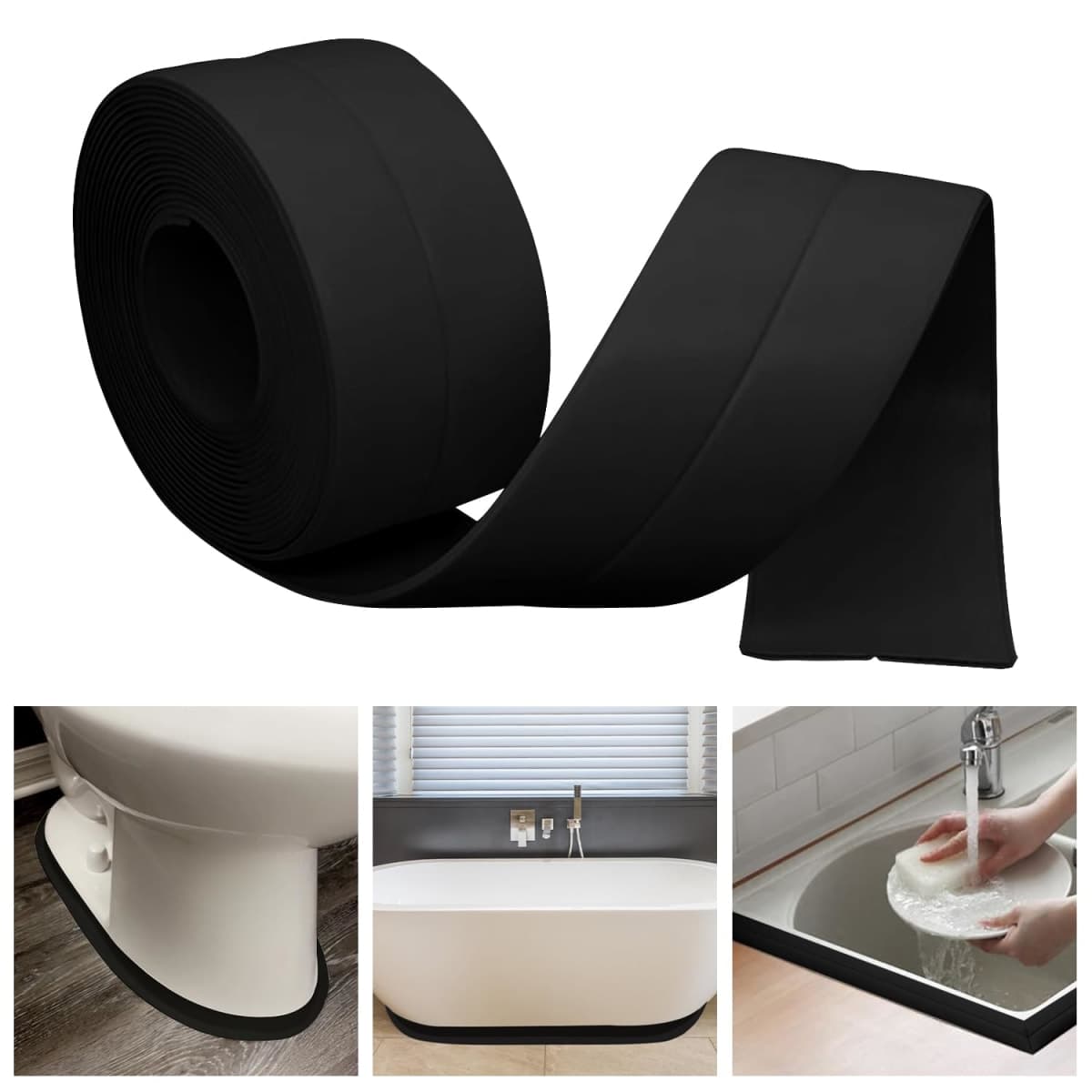Self-Adhesive Caulk Tape for Bath & Kitchen - Waterproof Sealing Strip for Toilet, Bathtub, Shower - Traditional Caulking Replacement (Black, 1.5"x10.5Ft)