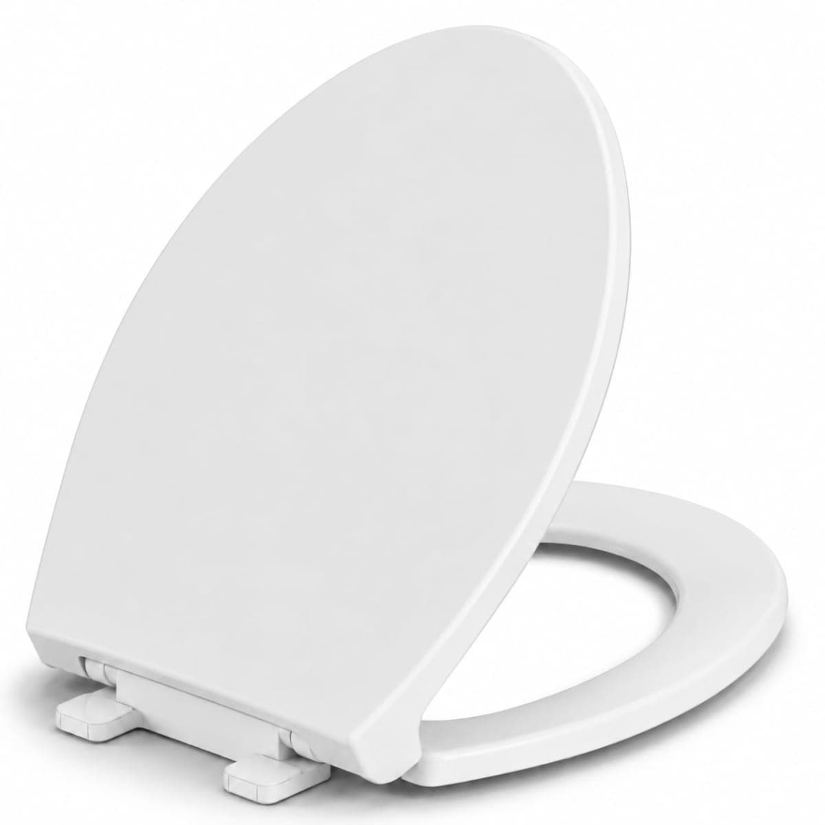 Elongated Toilet Seat, Slow Close, White Plastic, Never Loosen, 18.5”
