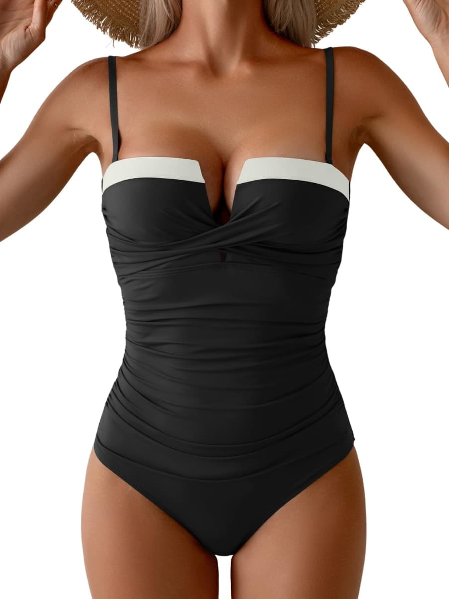 Aidonger Women's Push Up Wrap Swimsuit Tummy Control One Piece Bathing Suits Bandeau Color Block Slimming Swimwear, Black White, Medium