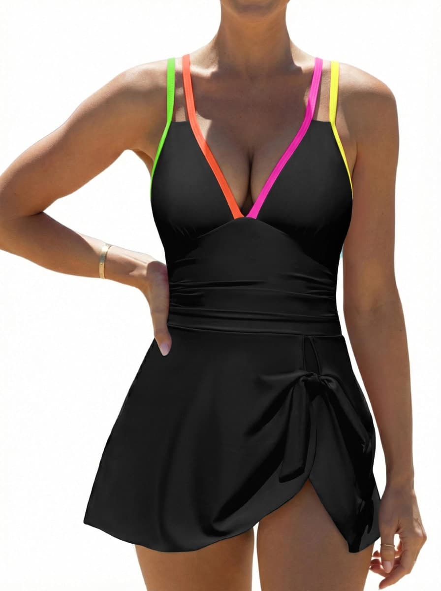 popvil Women Swim Dress, Criss Cross Tie Back One Piece Swimsuit, Black, Medium
