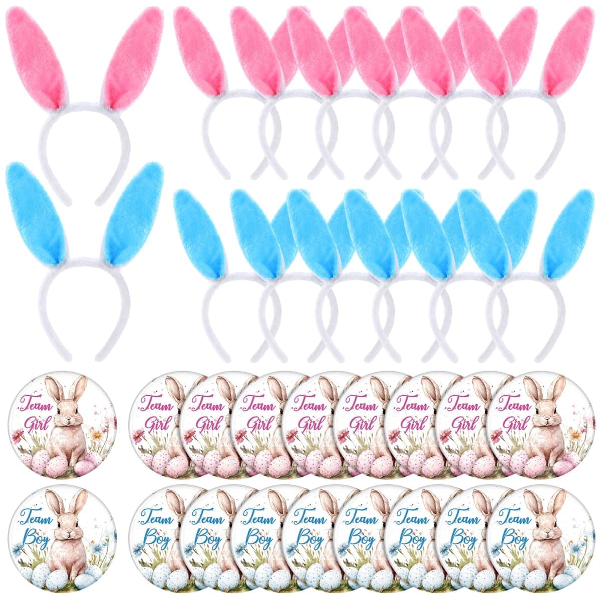 Wavwavw 48 Pcs Easter Gender Reveal Party Supplies Blue and Pink Bunny Ears Headbands Team Button Pins Bunny Party Favors Gender Reveal Ideas Games Supplies