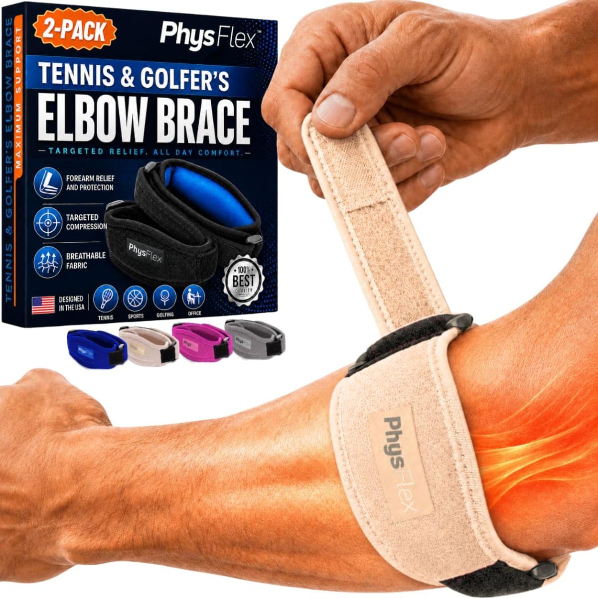 PhysFlex 2-Pack Elbow Brace for Men & Women, Adjustable Tennis & Golfer's Elbow Support Strap for Tendonitis Pain Relief - Compression Pad for Arm, Forearm, Tendon Pain Relief
