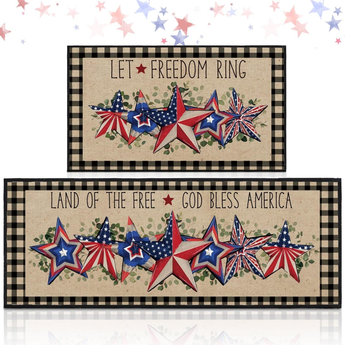 Bencailor Set of 2 4th of July Buffalo Plaid Mats Independence Day Kitchen Rugs American Patriotic Floor Mats American Flag Stars 4th of July Rug for Home Kitchen, 17 x 29 Inch and 17 x 47 Inch