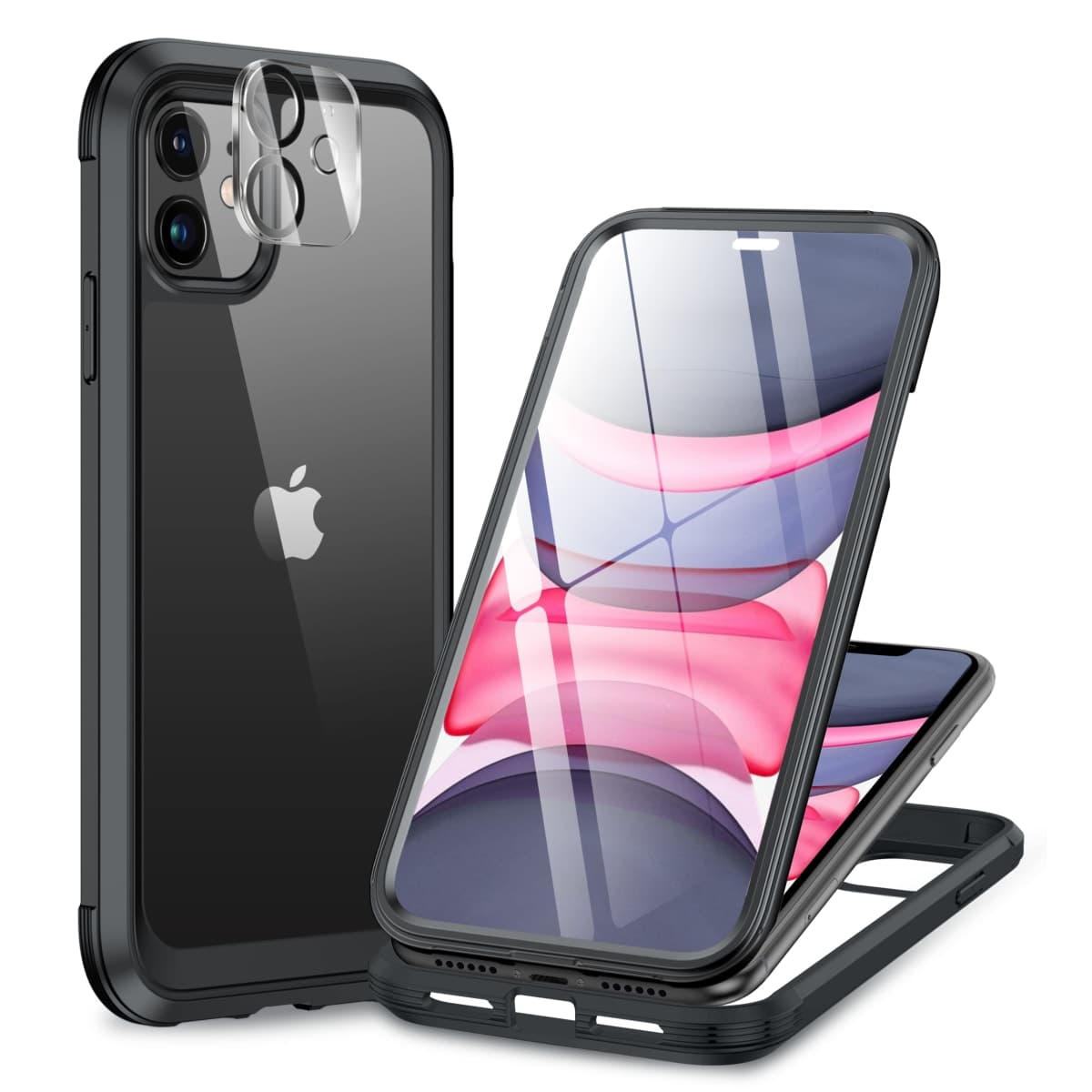 Miracase Cellular Phone Case for iPhone 11, Glass Series - 360° Rugged Bumper with Built-in 9H Tempered Glass Screen & Camera Protector (Black)