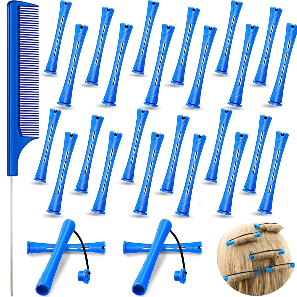 Chuangdi 24 Pcs Hair Perm Rods Plastic Cold Wave Perming Curlers Hair Rollers with Steel Pintail Comb Rat Tail Comb Tools for Hairdressing Styling(Blue,0.35 Inches)