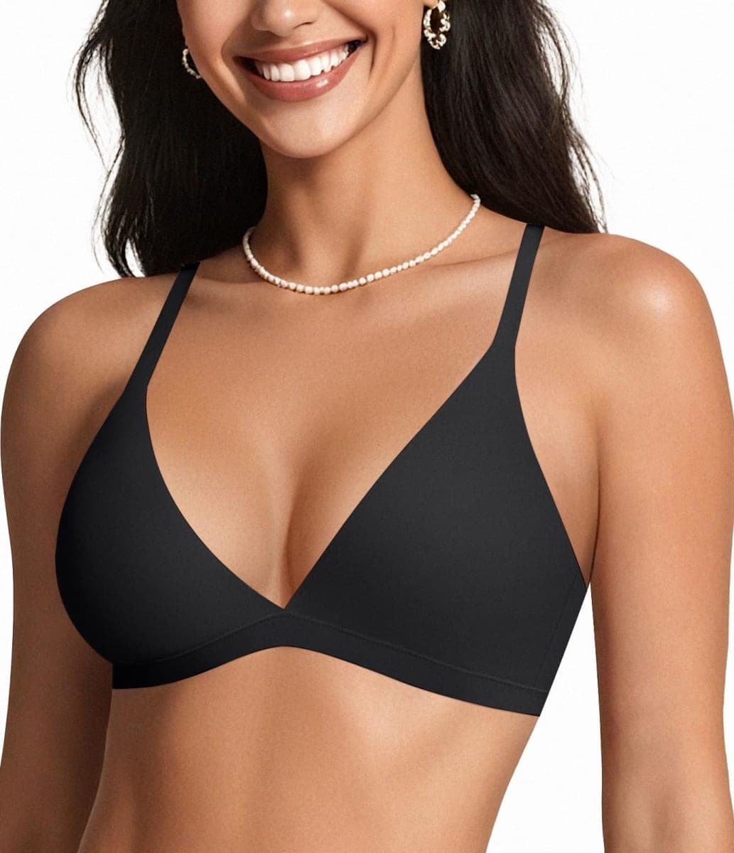 OEAK Womens Comfortable Triangle Bras No Underwire Sexy Plunge Unlined Bralette Pull On Bra Seamless Everyday Tshirt Bras L Black