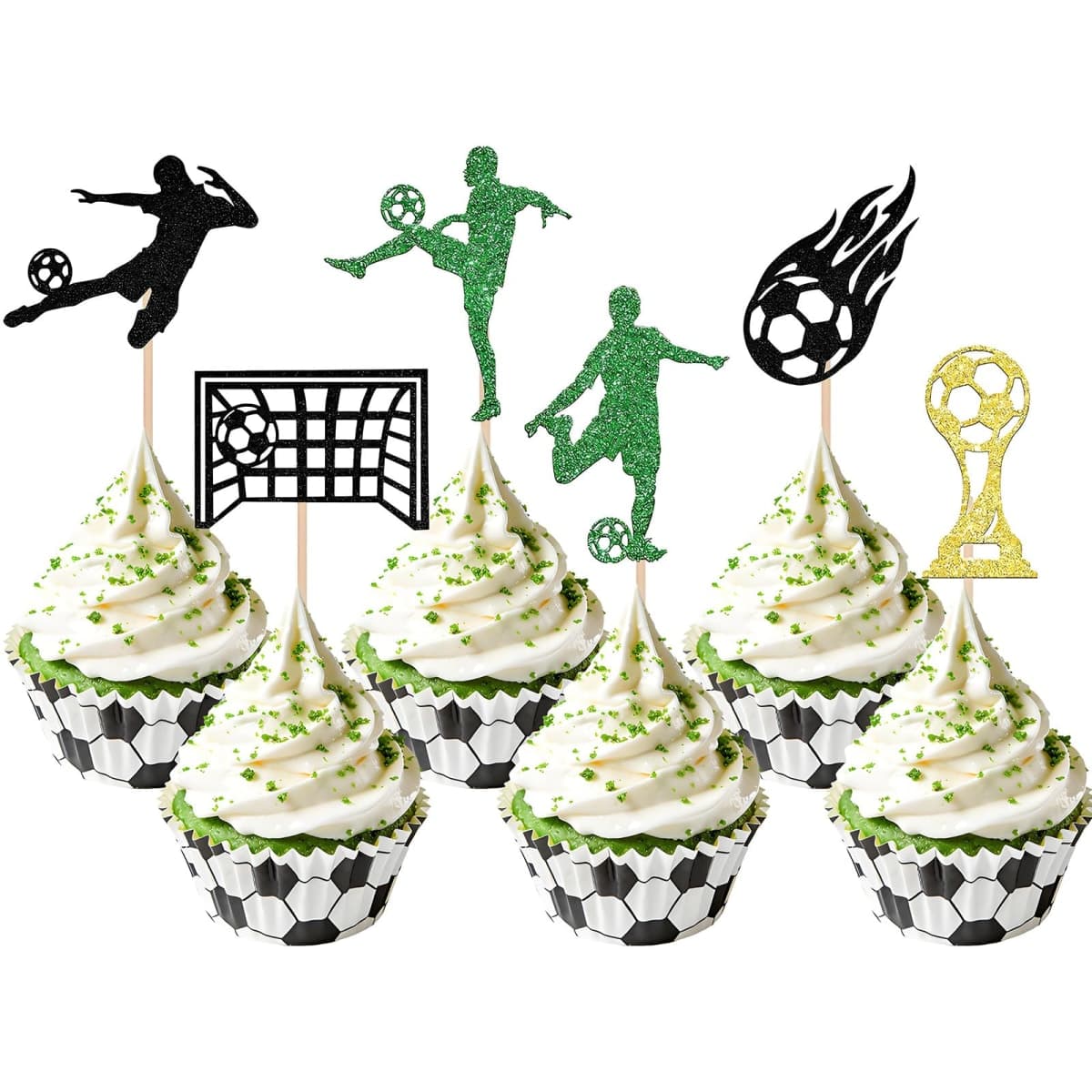 24Pcs Soccer Cupcake Toppers, Soccer Ball Glitter Cupcake Picks, Sport Party Cake Decorations for Football Theme Party, Birthday, and Matchs