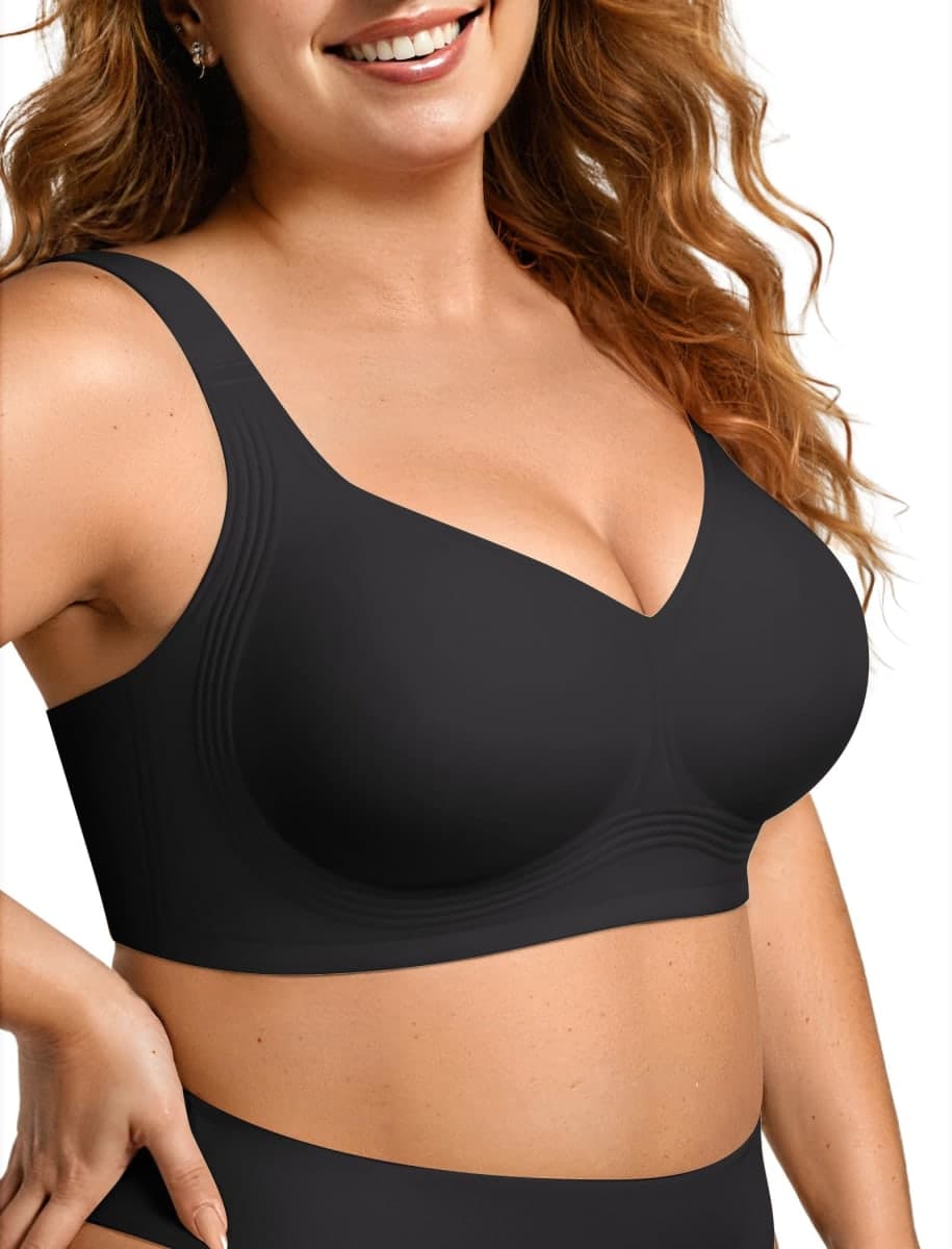 OEAK Womens Wireless Jelly Bra Plus Size Supportive Seamless Bras Full Coverage Push Up Comfortable No Underwire Tshirt Bras, Black, Large