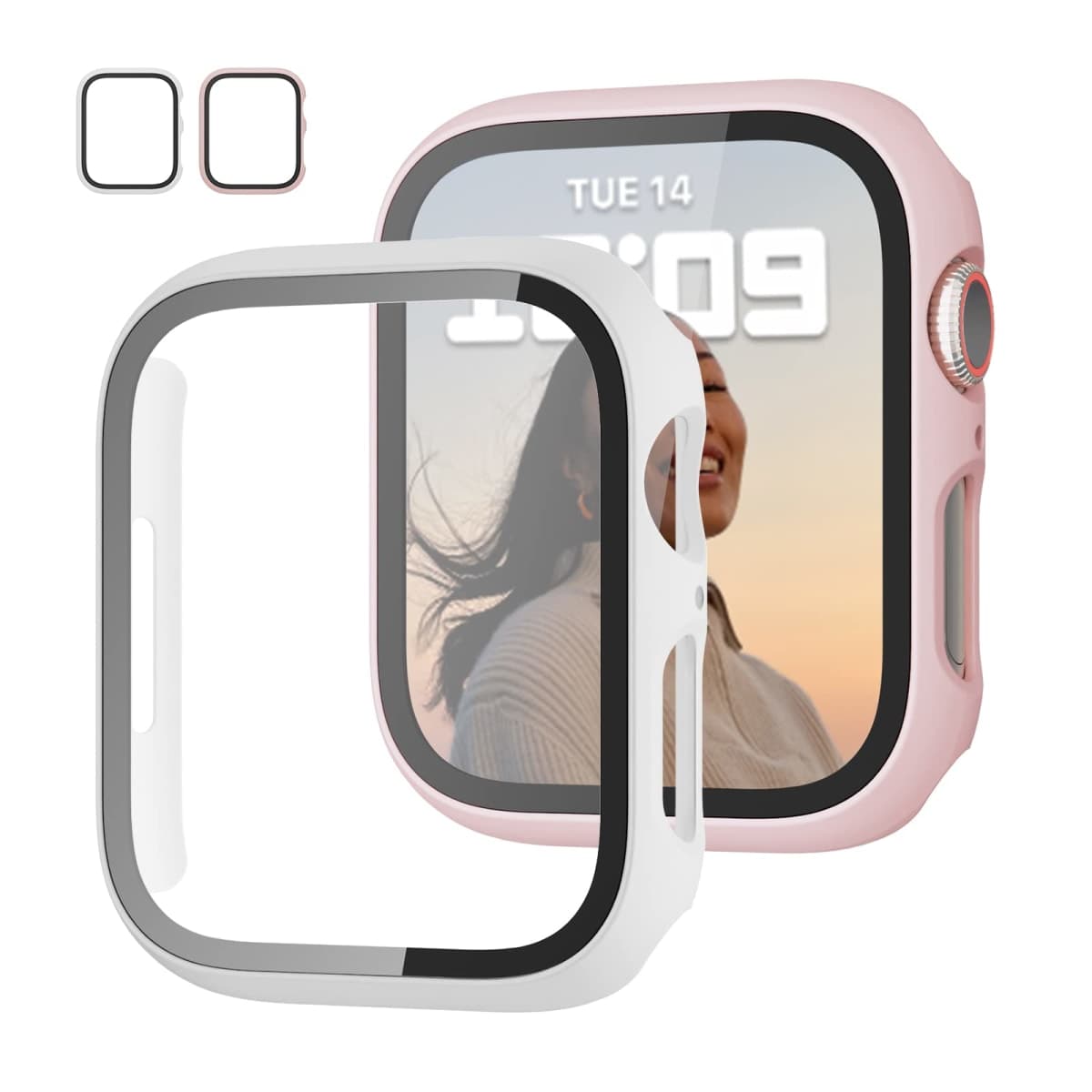 2 Pack Case with Tempered Glass Screen Protector for Apple Watch Series 7 41mm,JZK Slim Guard Bumper Full Coverage Hard PC Protective Cover HD Ultra-Thin Cover for iWatch 41mm Accessories,Pink+White