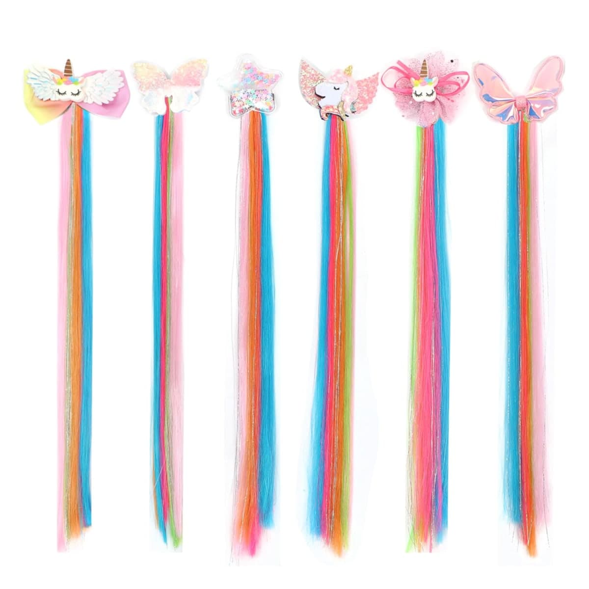 6 Pcs Hair Accessories for Girls, Bows for Girls, Unicorn Hair Clips with Colorful Ombre Hair Extensions