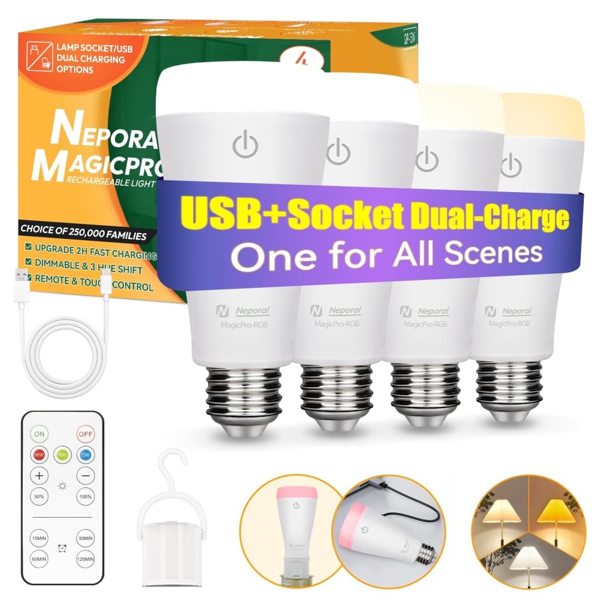 Neporal MAGICPRO-RGB Rechargeable Light Bulbs with Remote, RGB+3 Colors & Dimmable, USB & Socket Charging, 2H Fast Charge, 5–50H Runtime, No Wiring for Bedroom, Parties, Camping, 2PK(9W, A19, E26/E27)