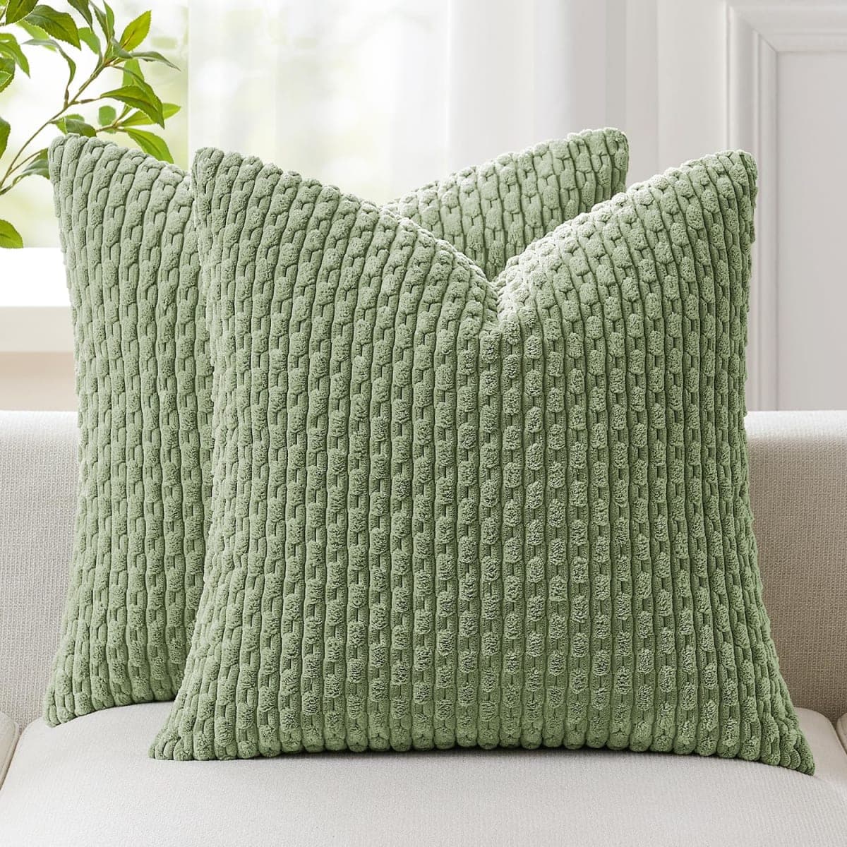 Kevin Textile 2 Packs Spring Decorative Throw Pillow Covers 20"x20" for Living Room Sofa Bed Soft Sofa Striped Corduroy Square Cover 20"x20" Farmhouse Boho Decor