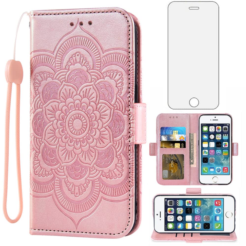 Compatible with iPhone 5S 5 SE 2016 5SE Wallet Case and Tempered Glass Screen Protector Flip Cover Card Holder Cell Phone Cases for iPhone5 iPhone5s iPhoneSE iPhone6se i 6SE iPhone5se Women Rose Gold