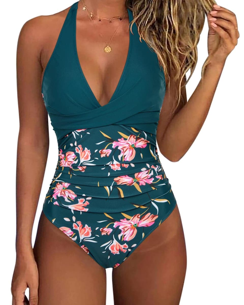 SUUKSESS Women Sexy Tummy Control One Piece Swimsuits Halter Push Up Bathing Suits, #1 Peacock Blue Floral, Medium