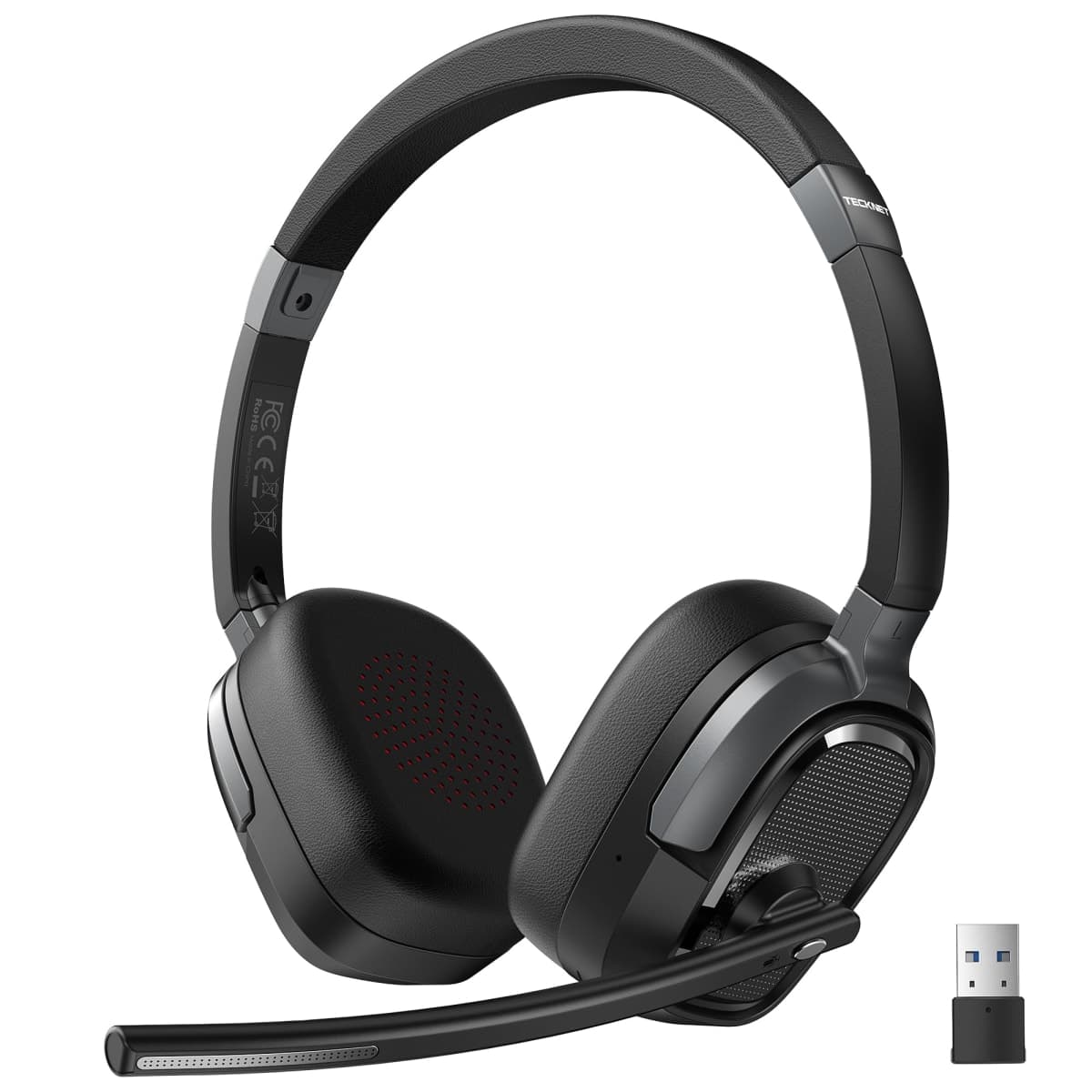 TECKNET Wireless Headset with Mic for Work, V6.0 Bluetooth Headset with AI Noise-Cancelling Microphone & USB-A Dongle, 50H Playtime & Mute, On-Ear Headphones for PC, Laptop, Phone, Office & Trucker