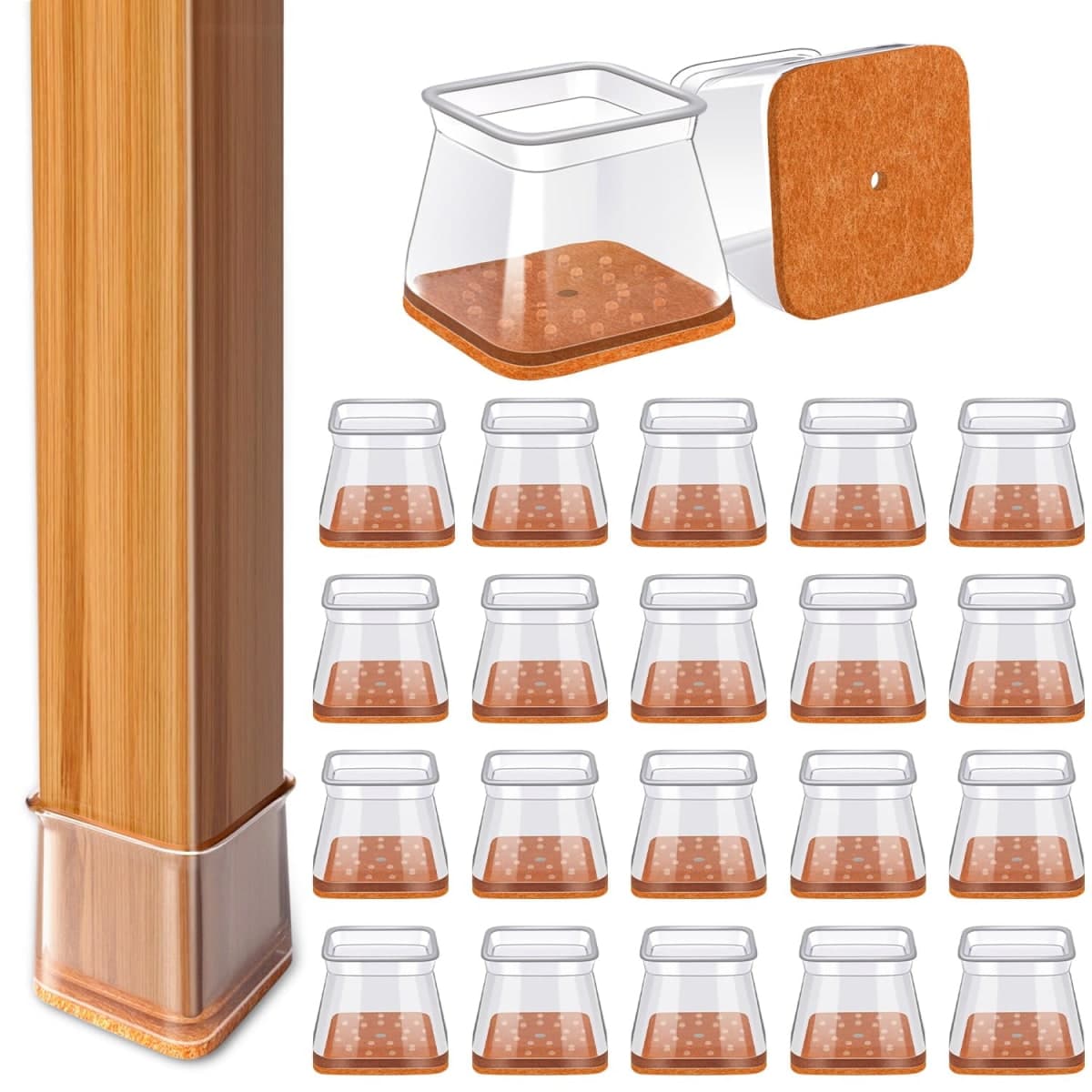 Chair Leg Floor Protectors Square for Hardwood Floors Silicone Caps Felt Furniture Pads Covers Clear Chair Sliders, 24Pcs Protect The Floor from Scratches(Fit:1-1/16" ~ 1-5/8")