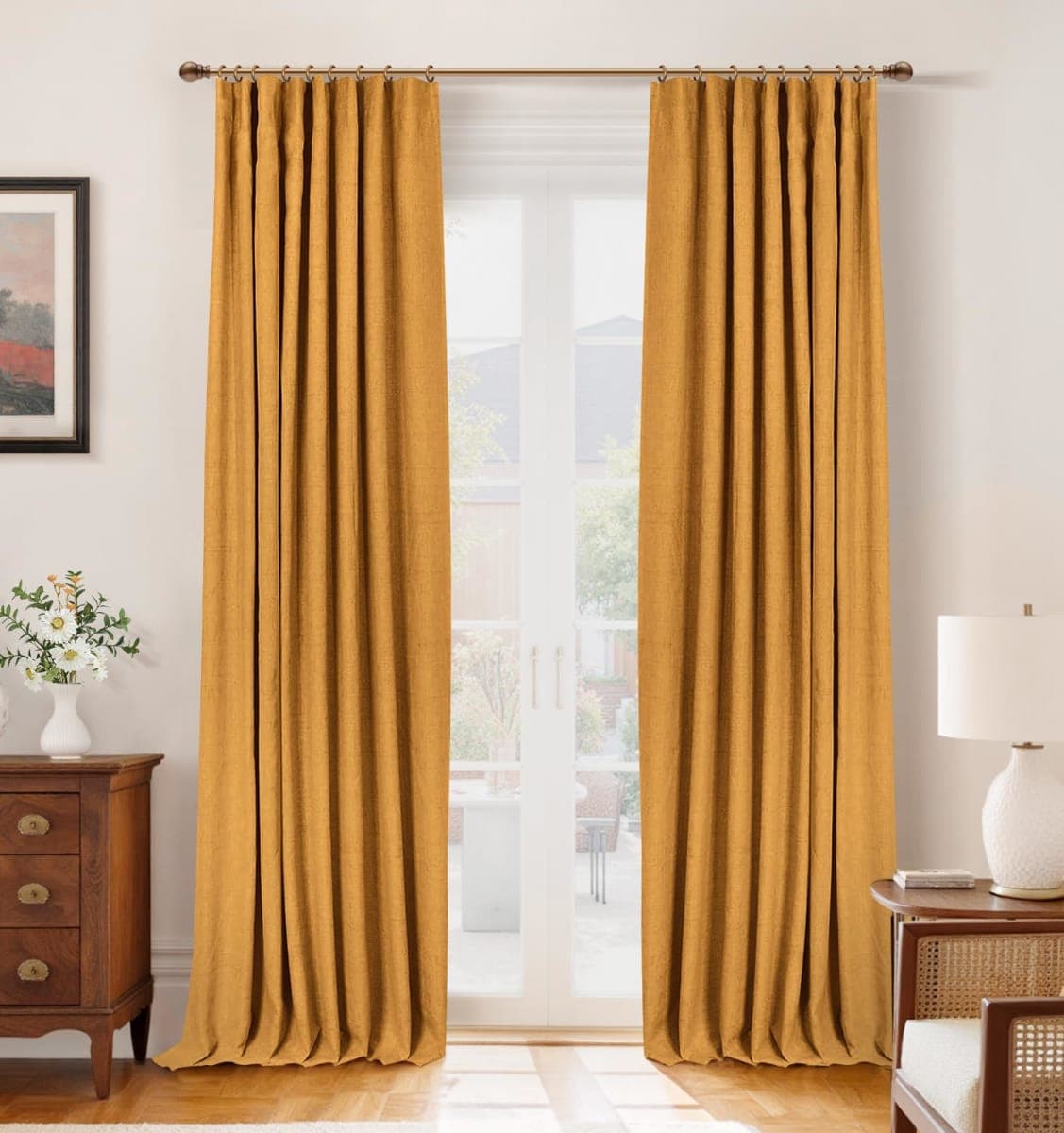 INOVADAY 100% Blackout Curtains for Bedroom, Mustard Yellow Black Out Curtains 96 Inch Long, Clip Rings Linen Blackout Drapes, Thermal Insulated Room Darkening for Living Room, 2 Panels - W50xL96