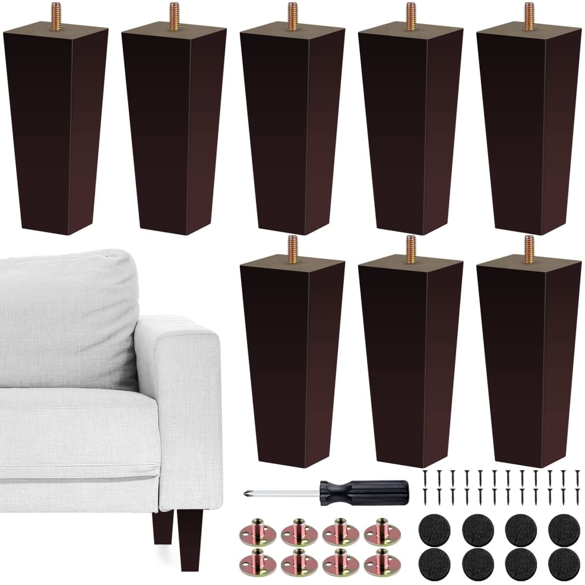 TURSTIN Set of 8 Furniture Legs 6 Inch Square Solid Wood Couch Legs Replacement Sofa Legs Mid Century Furniture Feet for Armchair Bed Dresser Cabinet Include Installation Hardware, Brown