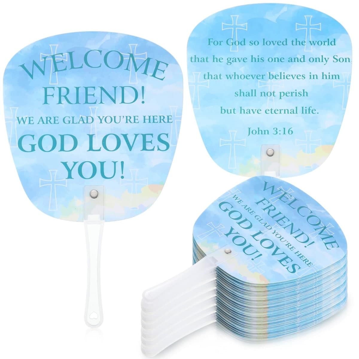 Geelin 50 Pcs Welcome to Our Church Fan Bulk Christian John 3: 16 Plastic Handheld Welcome Friend Summer Plastic Fan for Church Services Outdoor Worship Services Bible Party Decorations Gifts