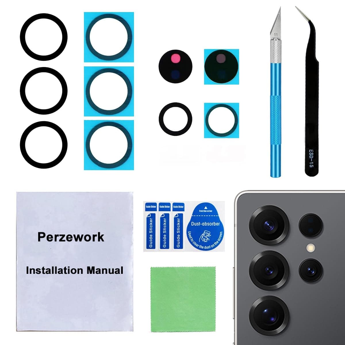 Perzework 2 Sets Back Rear Camera Lens Glass Replacement for Samsung Galaxy S25 Ultra 6.9-inches with pre-Installed Adhesive and Reparing Toolkit