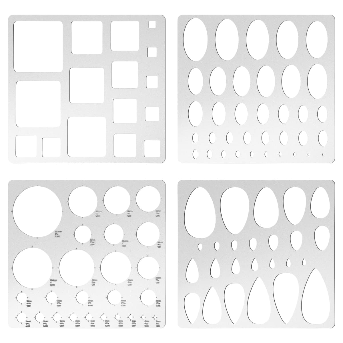 4 Pcs Metal Geometric Stencils Set Circle Ellipse Square Teardrop Templates for Drafting Round Stencil Jewelry Making Art Oval Tool Metric Ruler for Office and DIY Bracelets Earrings Craft