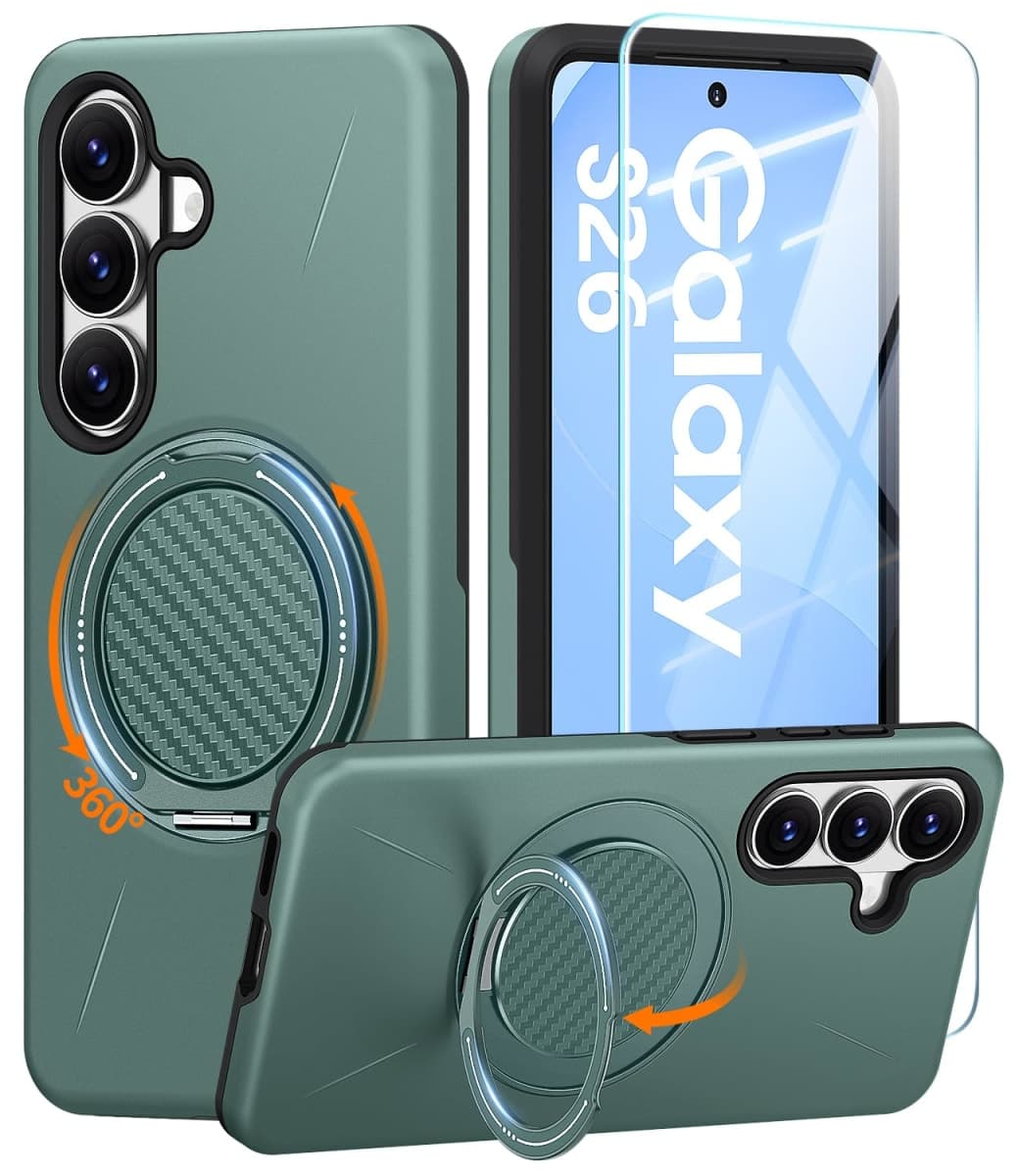 JAME for Samsung Galaxy S26 Case with Ring Holder Stand Kickstand, Dual Layer Shockproof Protective Cover with Screen Protector, Magnetic Accessory Friendly Samsung Galaxy S26 Phone Case 6.3", Green