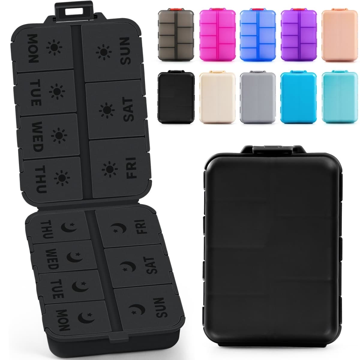 New Foldable & Double Protection Portable Weekly Pill Organizer 2 Times A Day with Etched Labels, AM PM 7 Day Week Medicine Box, Daily Travel Pill Case Dispenser for Vitamin, Supplement - All Black