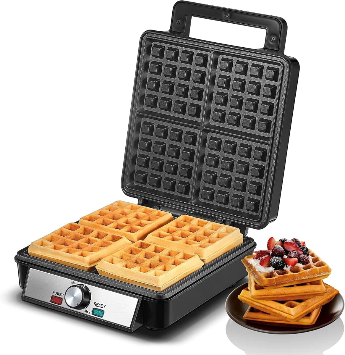 FOHERE 4-plate waffle iron 1200W, non-stick coating, burnishing regulator, stainless steel