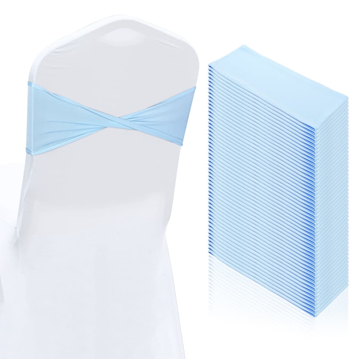 Breling 50 Pcs Spandex Chair Sashes Without Buckle Baby Shower Plain Bow Light Sash Stretch Bow Chair Elastic Bands Ties for Wedding Banquet Hotel Party Events Decoration(Blue)