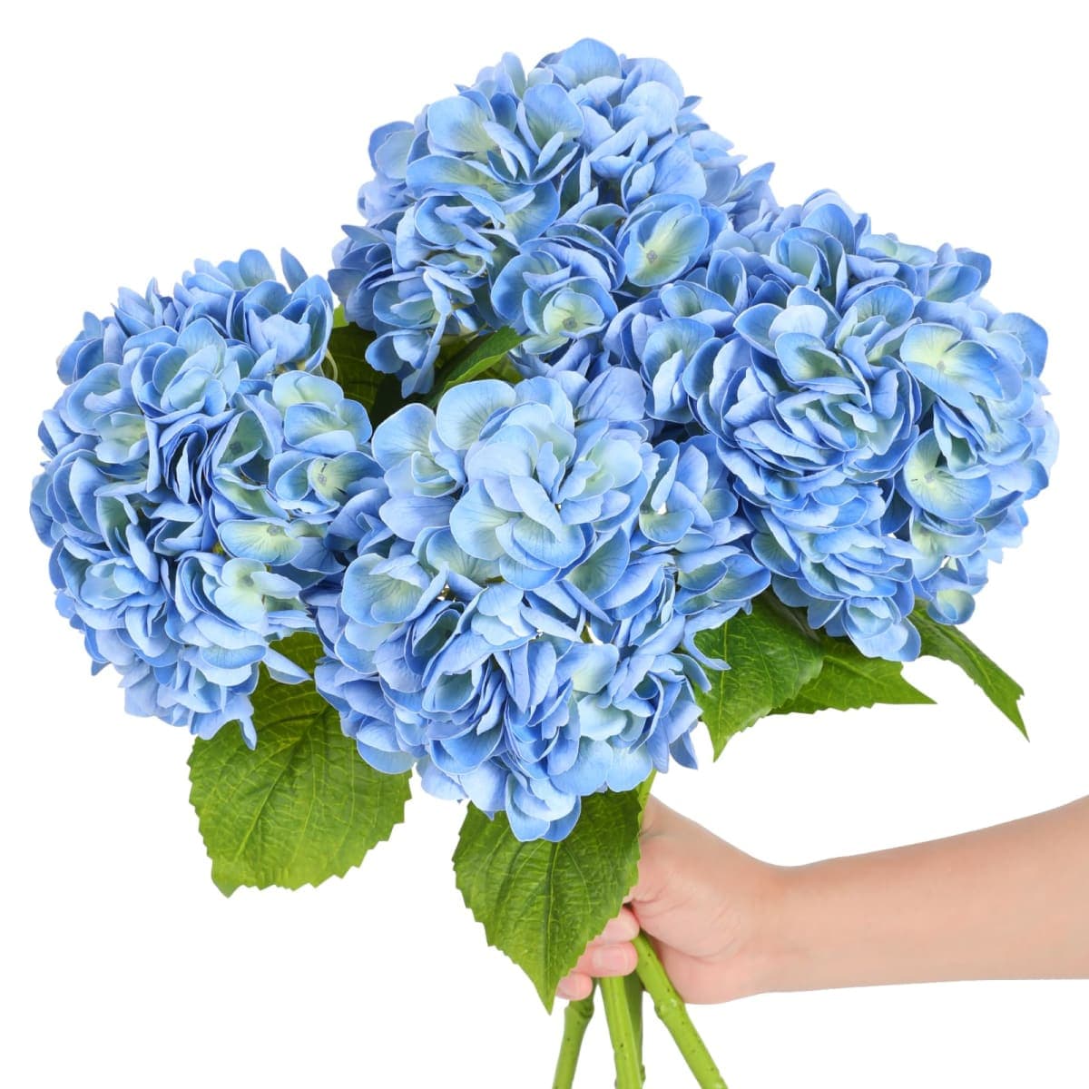 Nubry 4Pcs Blue Hydrangea Artificial Flowers, 22.5In Latex Faux Real Touch Large Hydrangea Flowers with Long Stems & Leaves for Home Office Decor Wedding Party Arrangements(Blue)