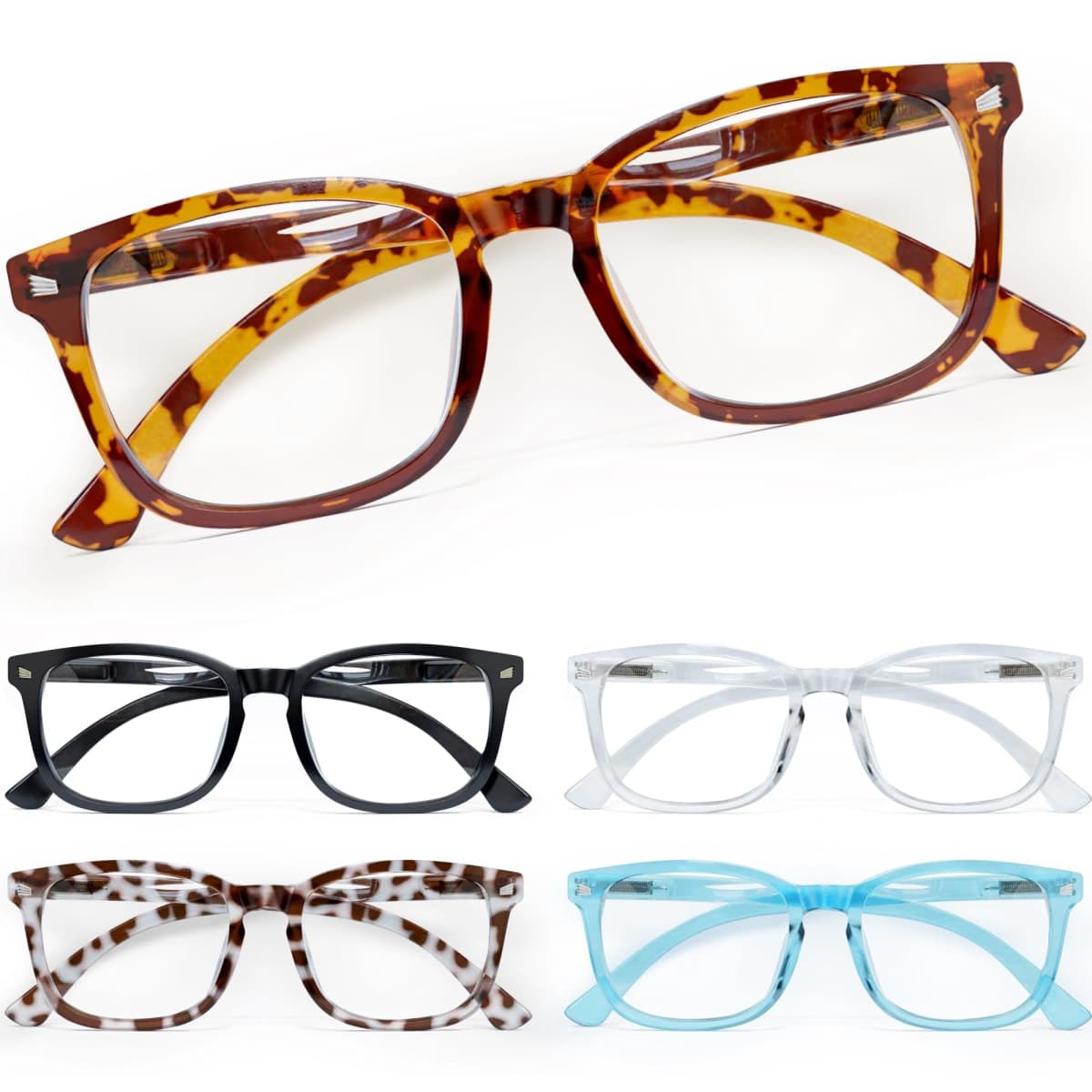 CCVOO Reading Glasses with Blue Light Filtering for Woman and Men, Computer Readers Fashion Eyeglasses (Leopard + Tortoise + Black + Clear + Blue, 0.75)