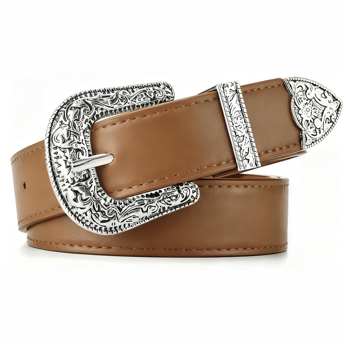 QIQILUXI Western Belt for Women Men Cowboys Cowgirls Carving Buckles Belts for Jeans Pants, Khaki-silver Buckle, Fit waist size: 27–30 inch