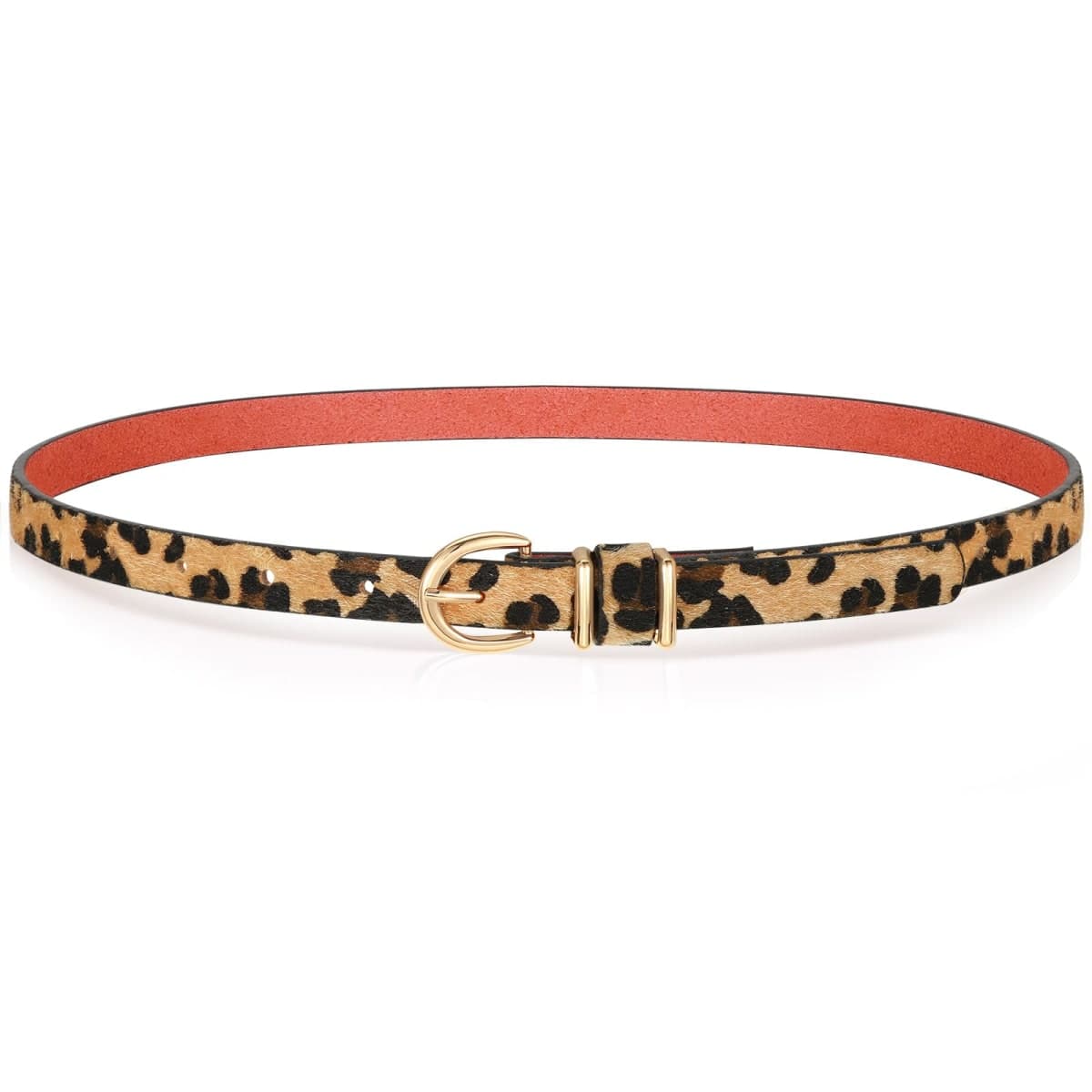 VONMELLI Womens Skinny Leather Belt Thin Waist Belts for Women Fashion Dress Jeans with Gold Buckle, Leopard, Fit waist size 33-37"