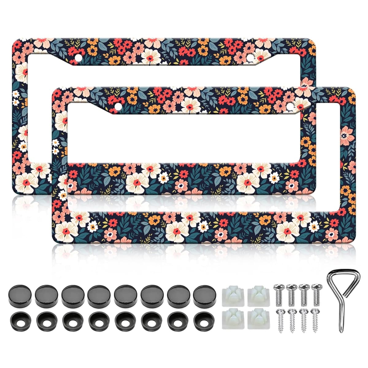 LIN KANG Folk Floral License Plate Frames - 2 Pack Colorful Flowers Aluminum Metal License Plate Holder Covers Car Accessory,Rust-Proof Waterproof Car Decorative Tag Frames for Standard US 12x6 Inch