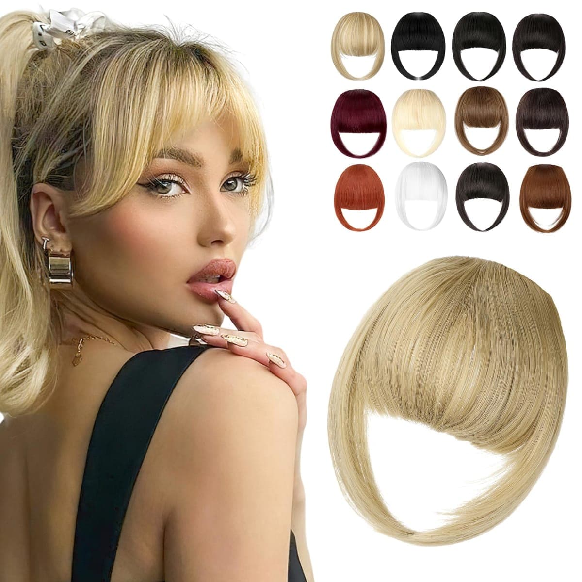 Cephermer Clip in Bangs, Synthetic French Bangs Hair Clip, Fake Bangs Fringe with Temples Hairpieces for Women Natural Curved Hair Extensions for Daily Wear Ash Blonde
