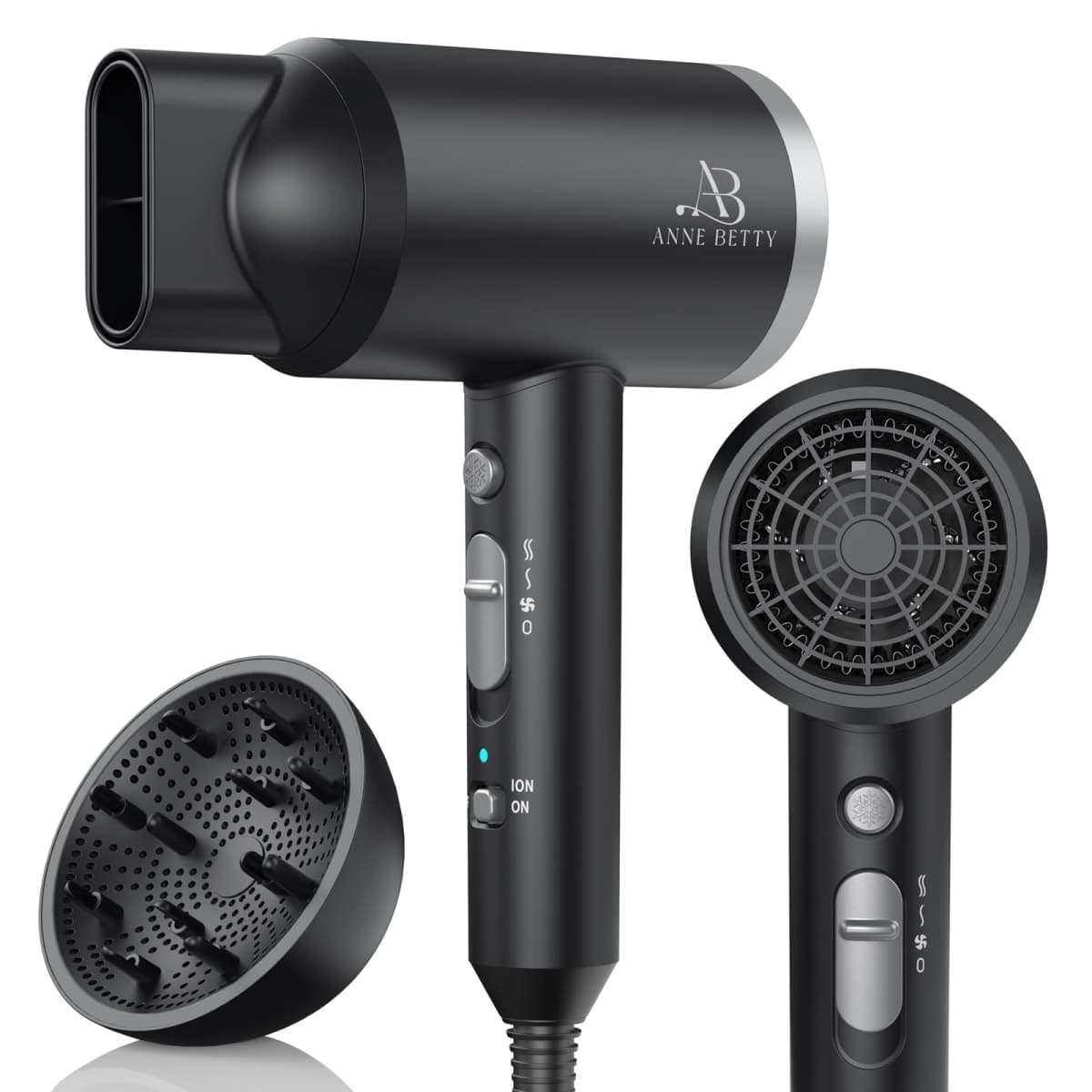 ANNE BETTY Ionic Hair Dryer with Diffuser, 1800W Blow Dryer for Women & Men, Fast-Drying, Lightweight, Low Noise, Hair Care Styling Tool for Home, Travel, Gifting