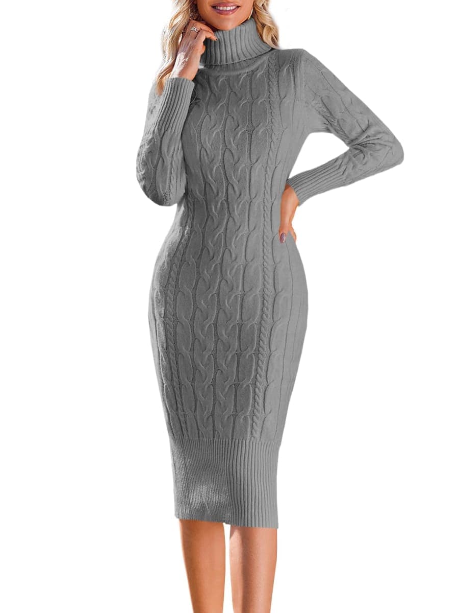 Fangetey Womens Long Sleeve Turtleneck Sweater Dresses Knitted Bodycon Midi Sheath Jumper Dresses, Dark Grey, X-Small