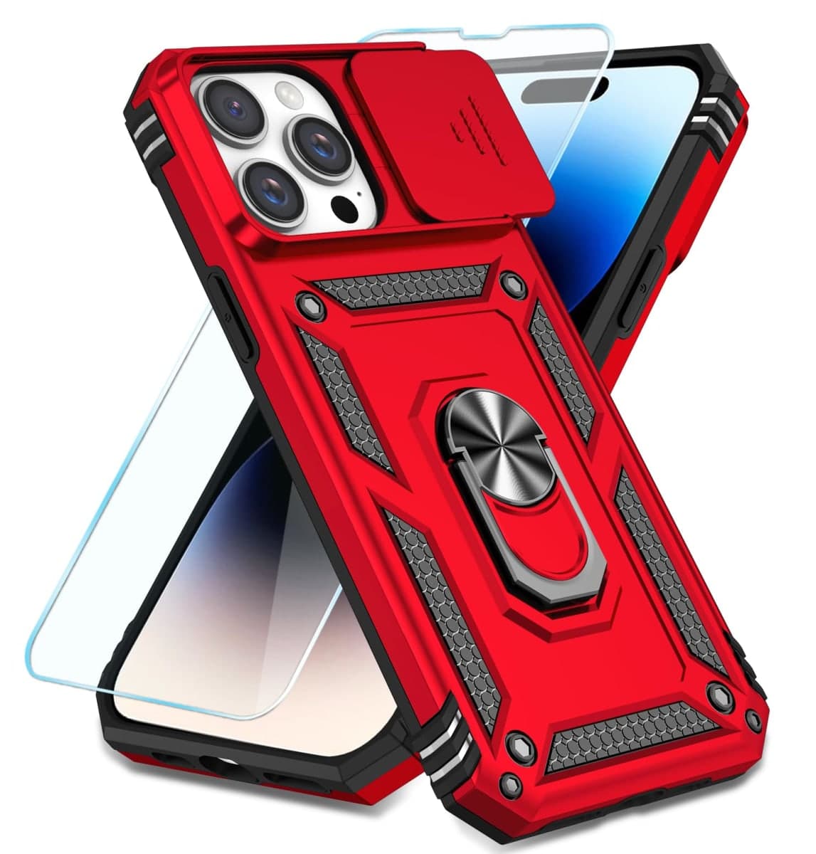 SunStory Compatible with iPhone 14 Pro Case with HD Screen Protector & Slide Camera Cover & Rotated Ring Kickstand, [Military-Grade] Phone Case for iPhone 14 Pro (BBlack)