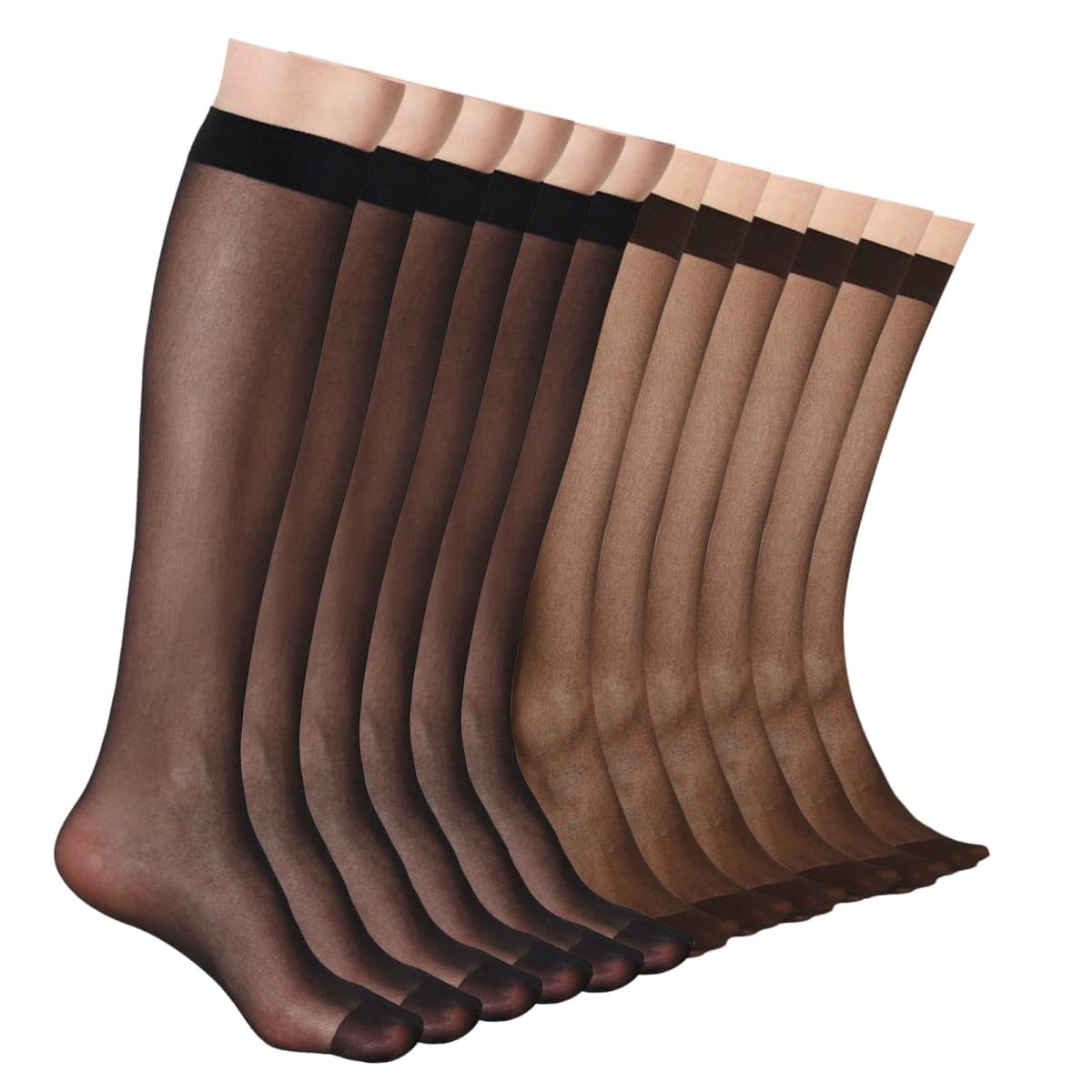 ZIHUA 12 Pairs Knee High Stockings for Women, 20 Denier Sheer Nylon Socks for Women, 6black 6brown, One Size